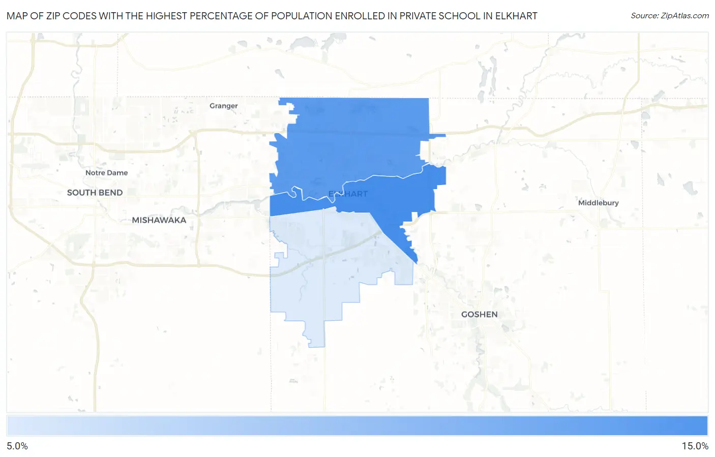 Zip Codes with the Highest Percentage of Population Enrolled in Private School in Elkhart Map