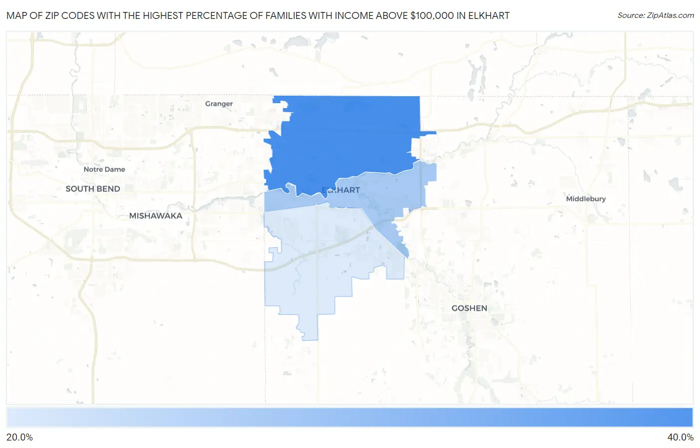 Zip Codes with the Highest Percentage of Families with Income Above $100,000 in Elkhart Map