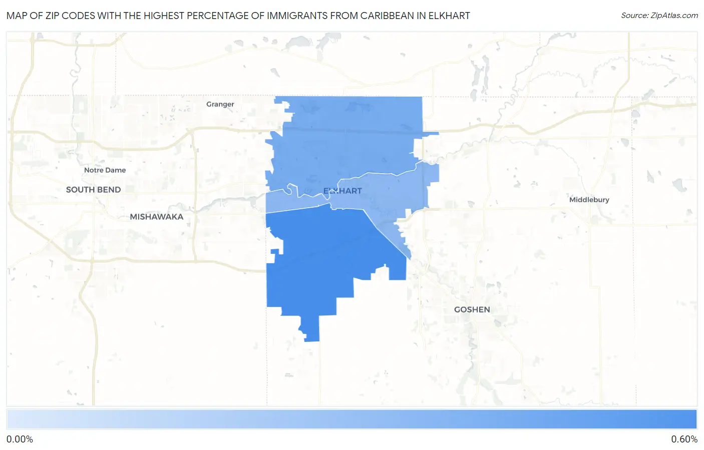 Zip Codes with the Highest Percentage of Immigrants from Caribbean in Elkhart Map