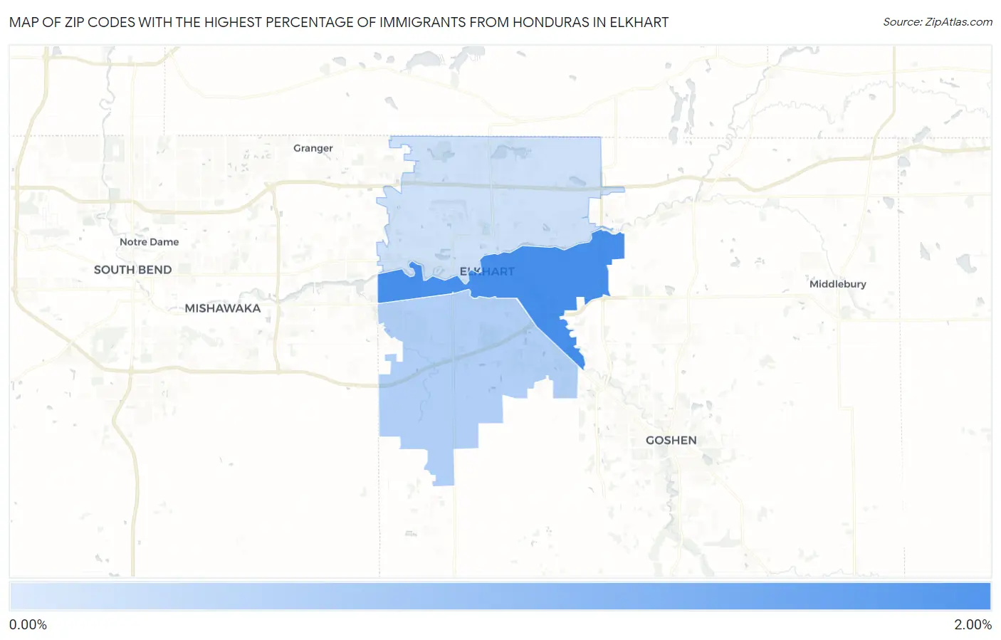 Zip Codes with the Highest Percentage of Immigrants from Honduras in Elkhart Map