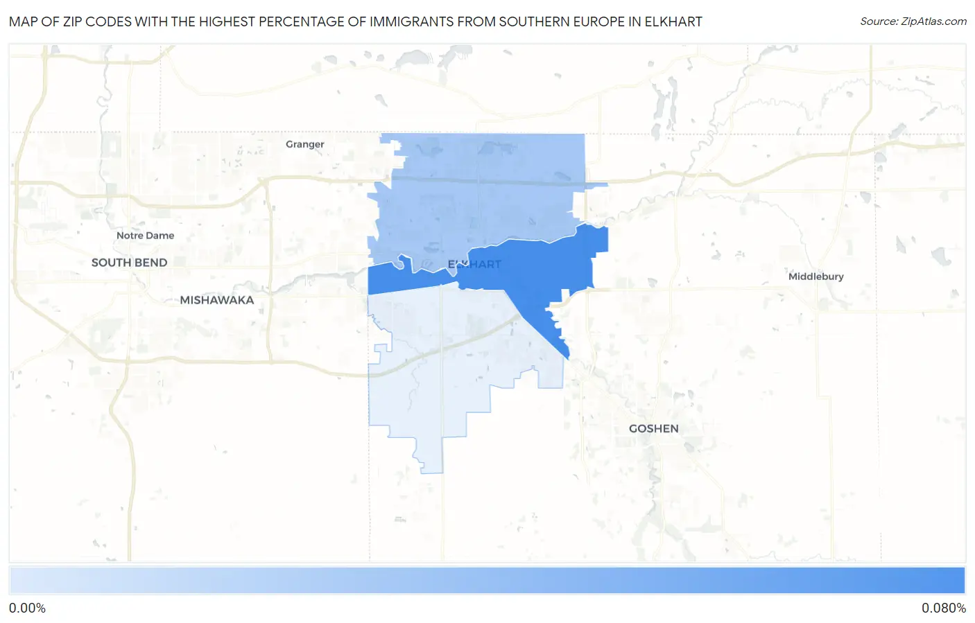 Zip Codes with the Highest Percentage of Immigrants from Southern Europe in Elkhart Map