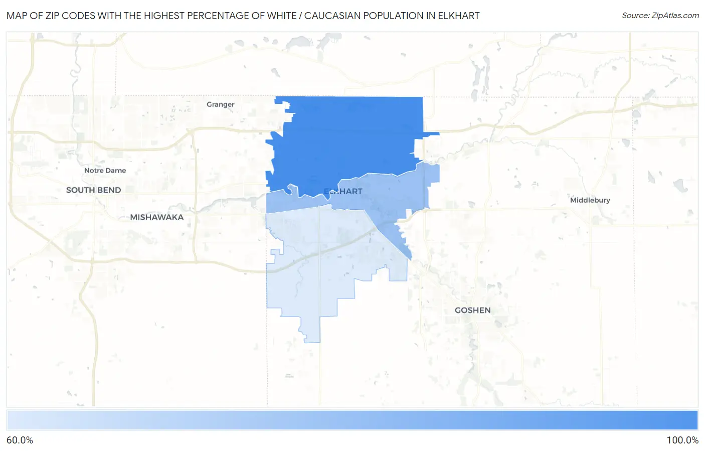 Zip Codes with the Highest Percentage of White / Caucasian Population in Elkhart Map