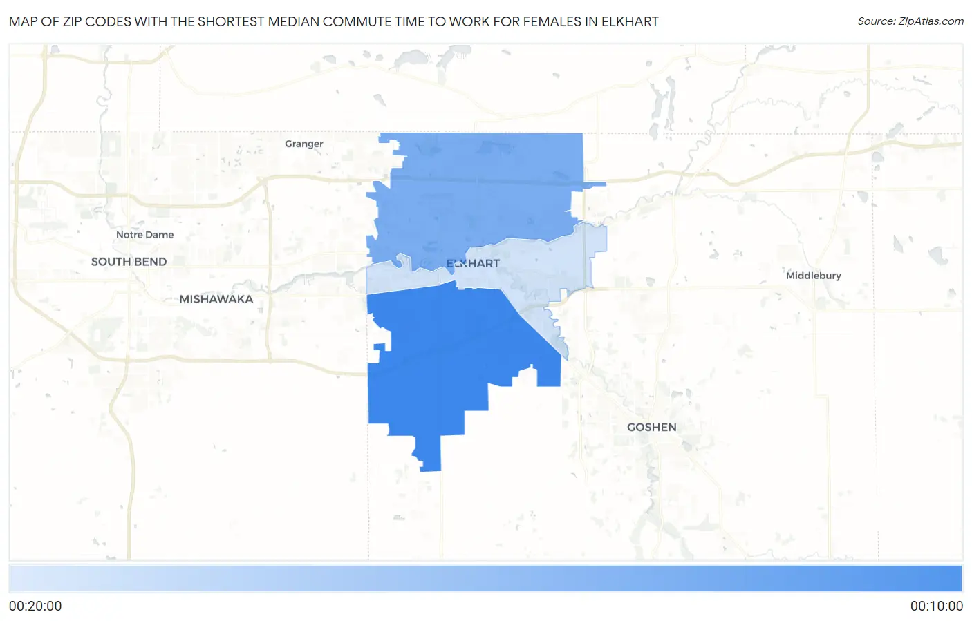Zip Codes with the Shortest Median Commute Time to Work for Females in Elkhart Map
