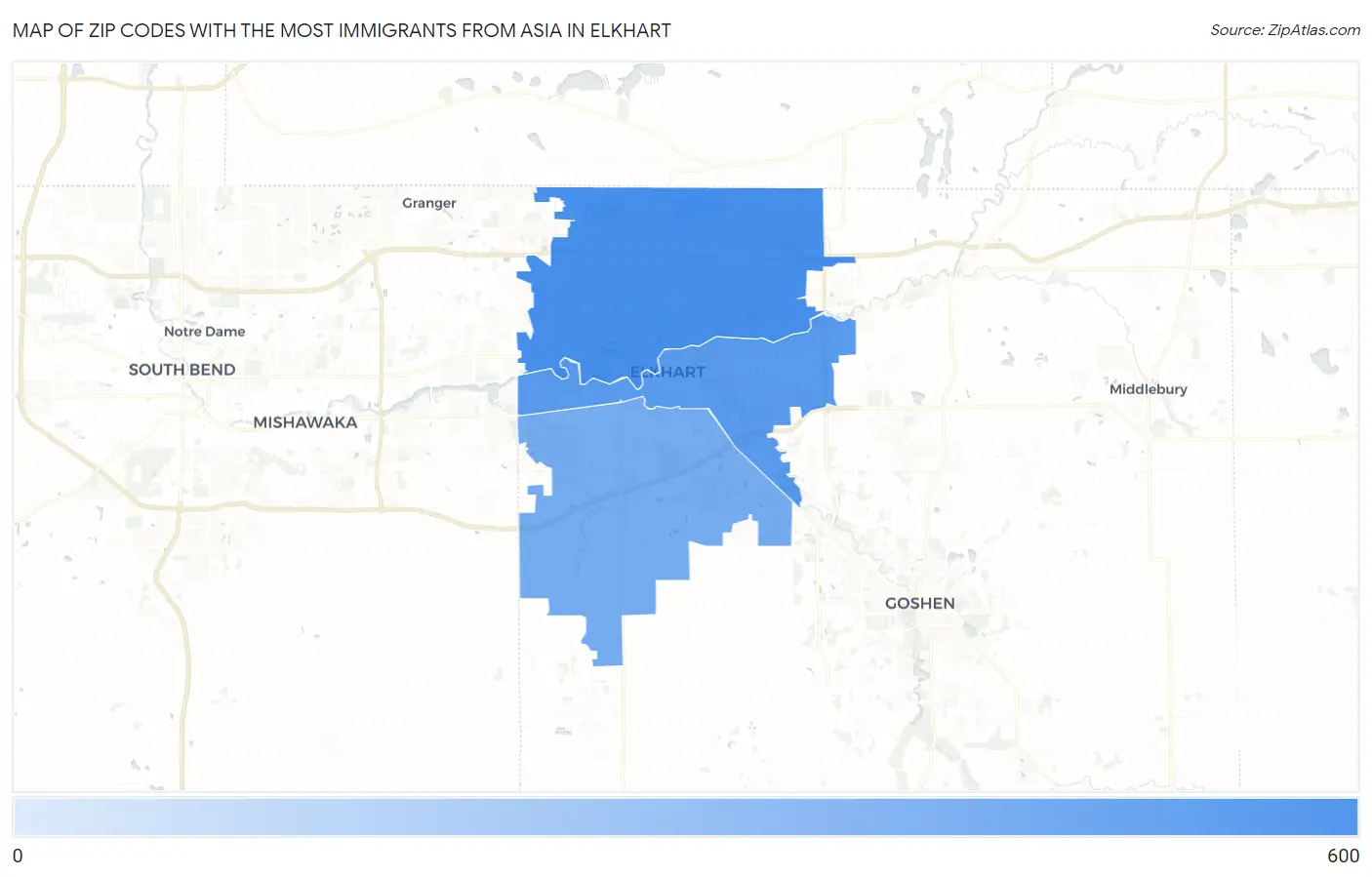Zip Codes with the Most Immigrants from Asia in Elkhart Map