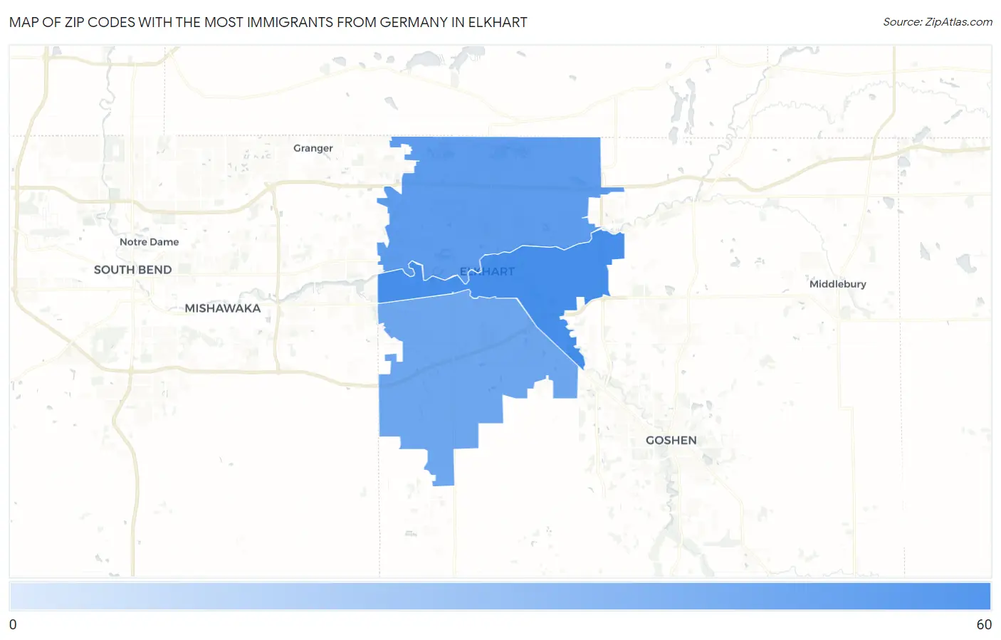 Zip Codes with the Most Immigrants from Germany in Elkhart Map