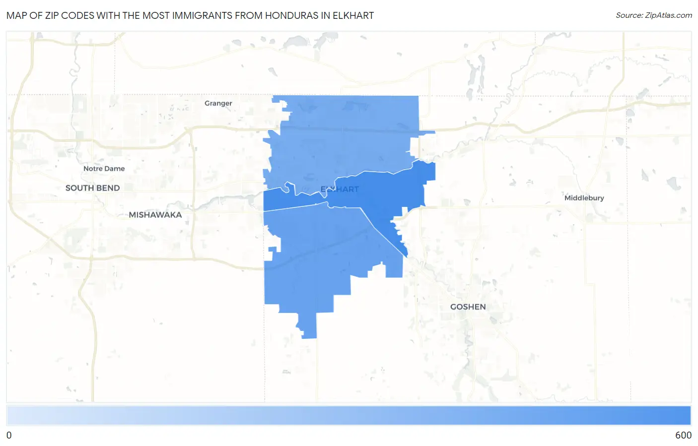Zip Codes with the Most Immigrants from Honduras in Elkhart Map