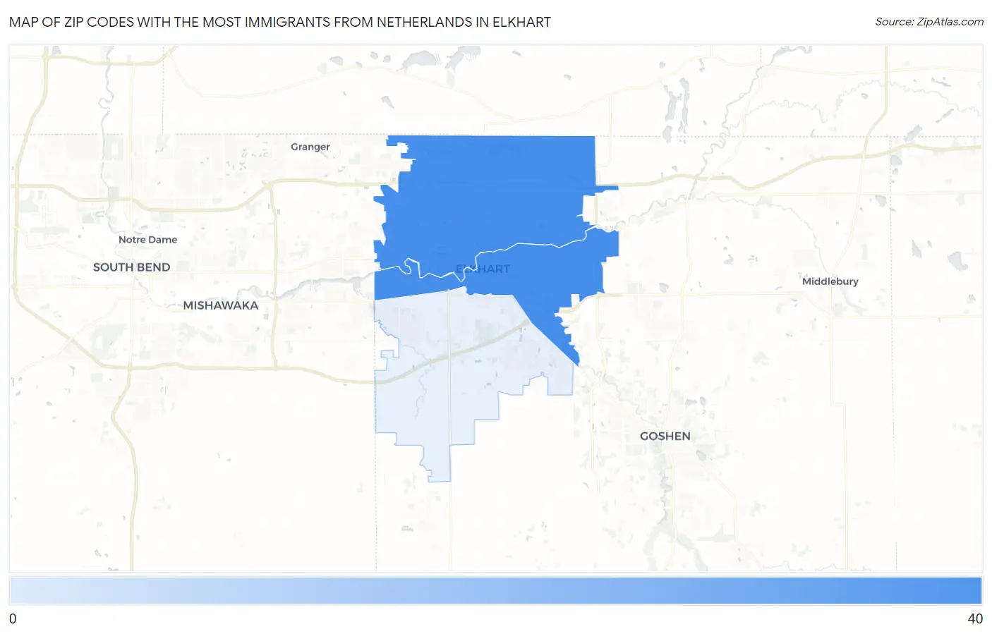 Zip Codes with the Most Immigrants from Netherlands in Elkhart Map