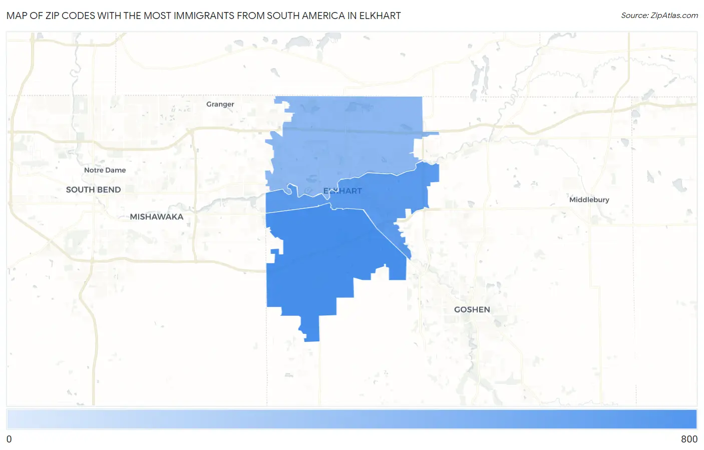 Zip Codes with the Most Immigrants from South America in Elkhart Map