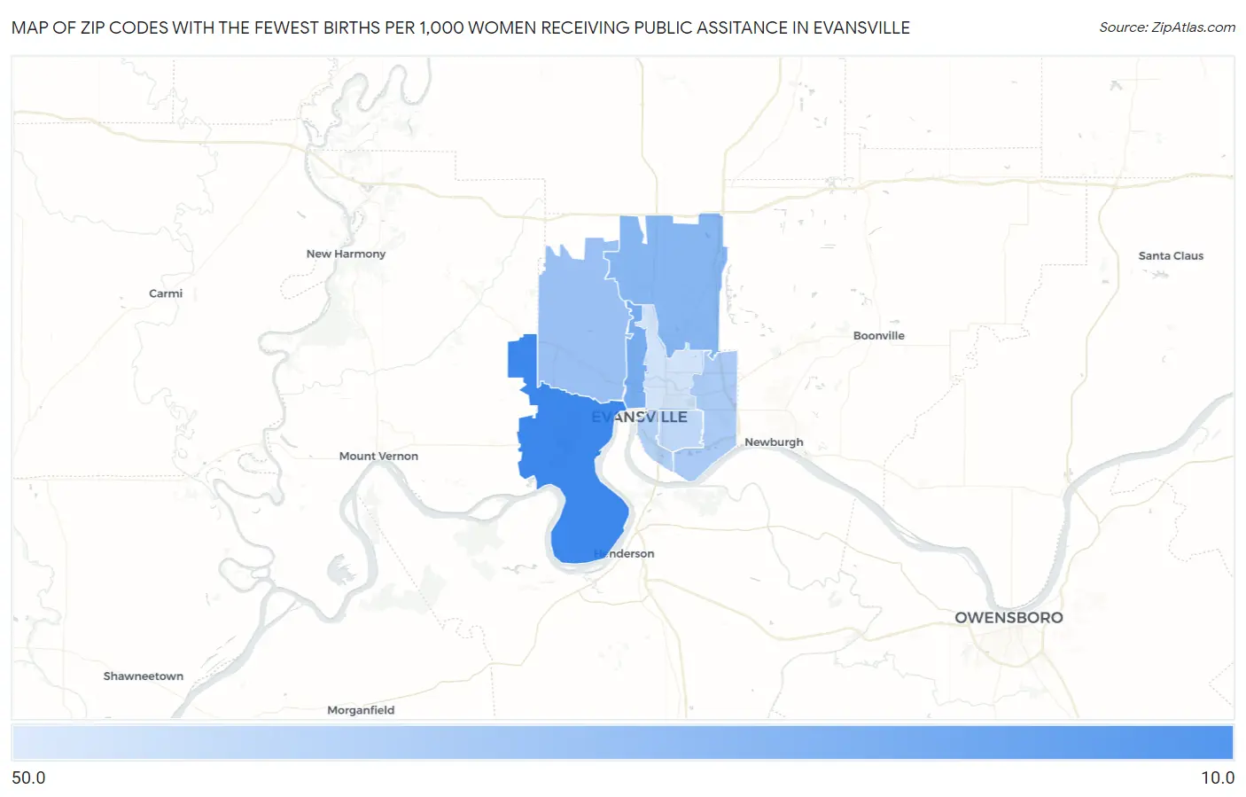 Zip Codes with the Fewest Births per 1,000 Women Receiving Public Assitance in Evansville Map