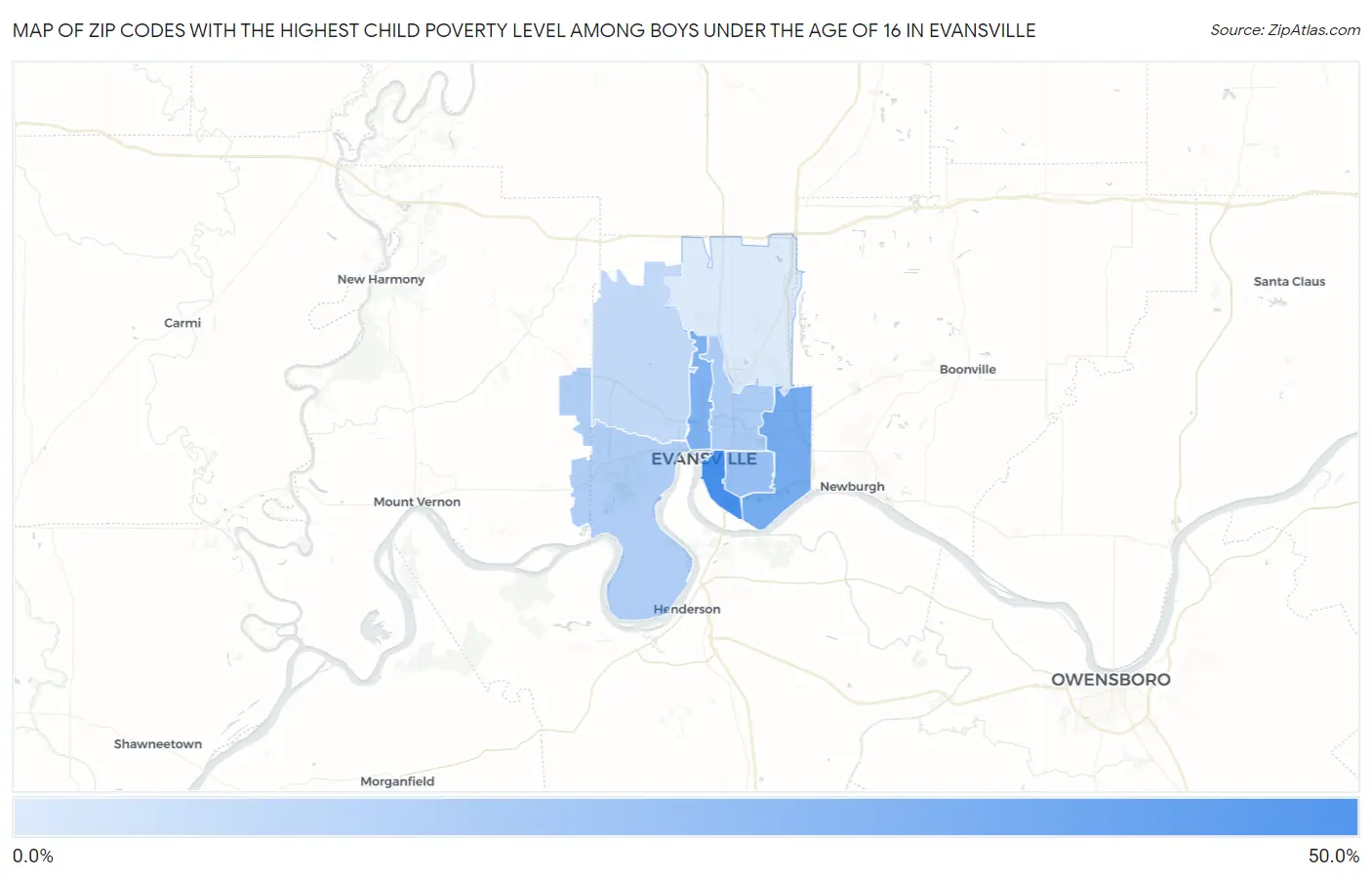 Zip Codes with the Highest Child Poverty Level Among Boys Under the Age of 16 in Evansville Map