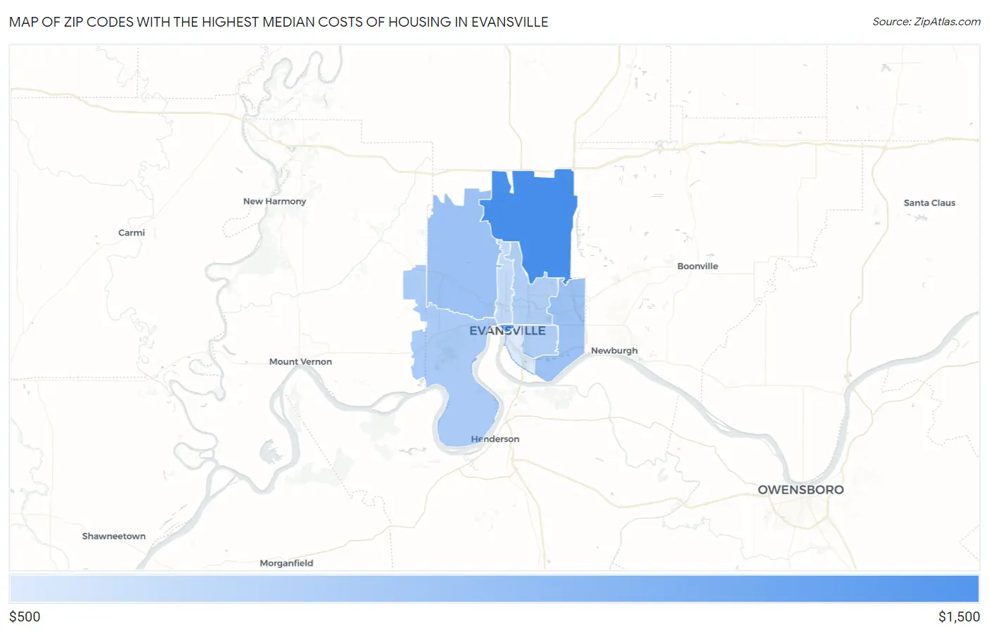 Zip Codes with the Highest Median Costs of Housing in Evansville Map