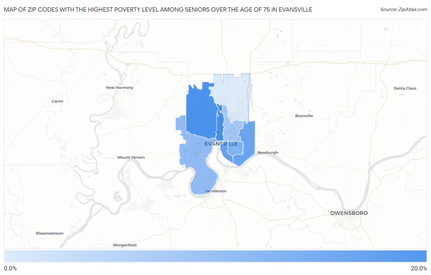 Zip Codes with the Highest Poverty Level Among Seniors Over the Age of 75 in Evansville Map