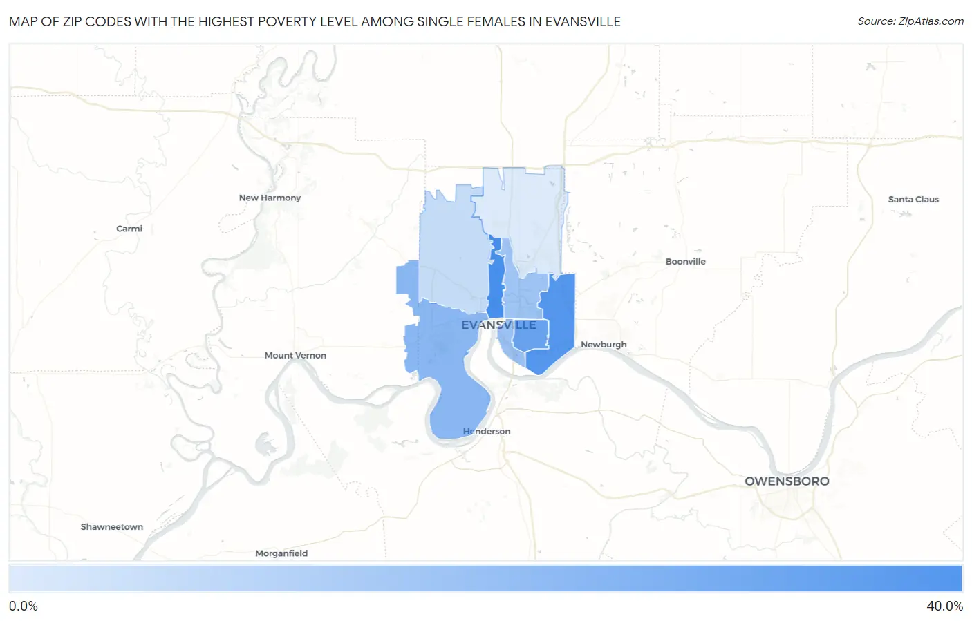 Zip Codes with the Highest Poverty Level Among Single Females in Evansville Map