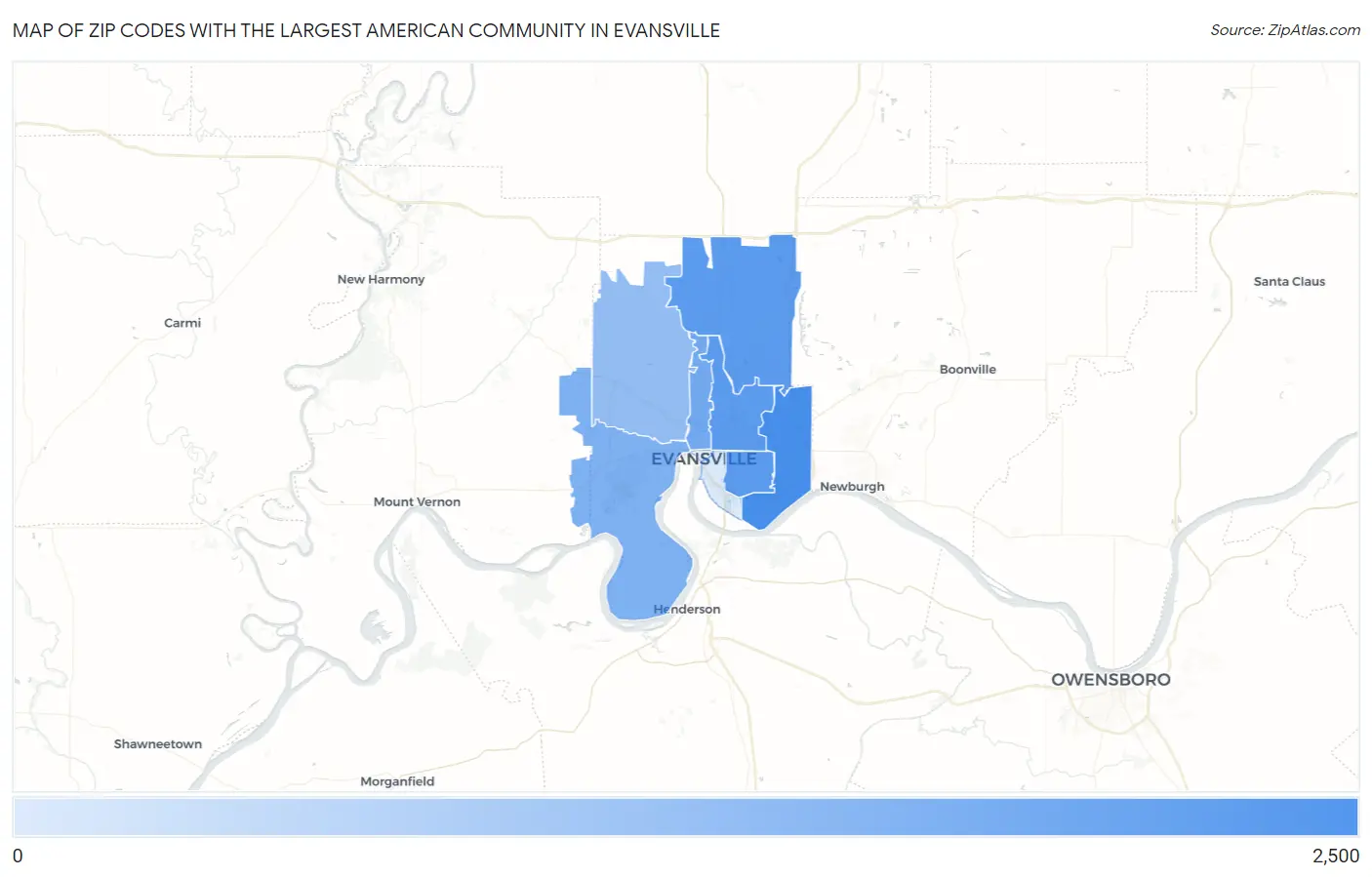 Zip Codes with the Largest American Community in Evansville Map