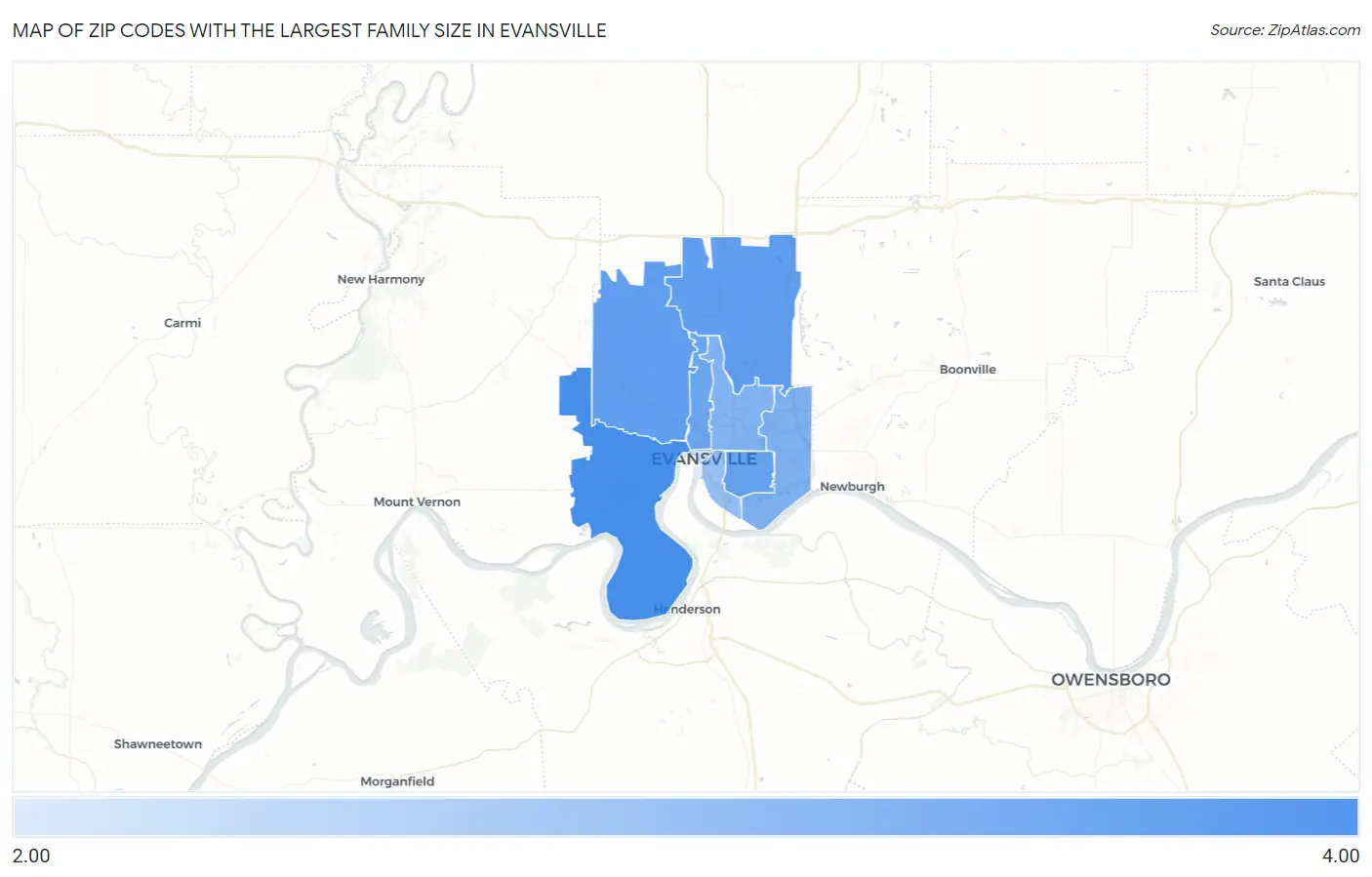 Zip Codes with the Largest Family Size in Evansville Map