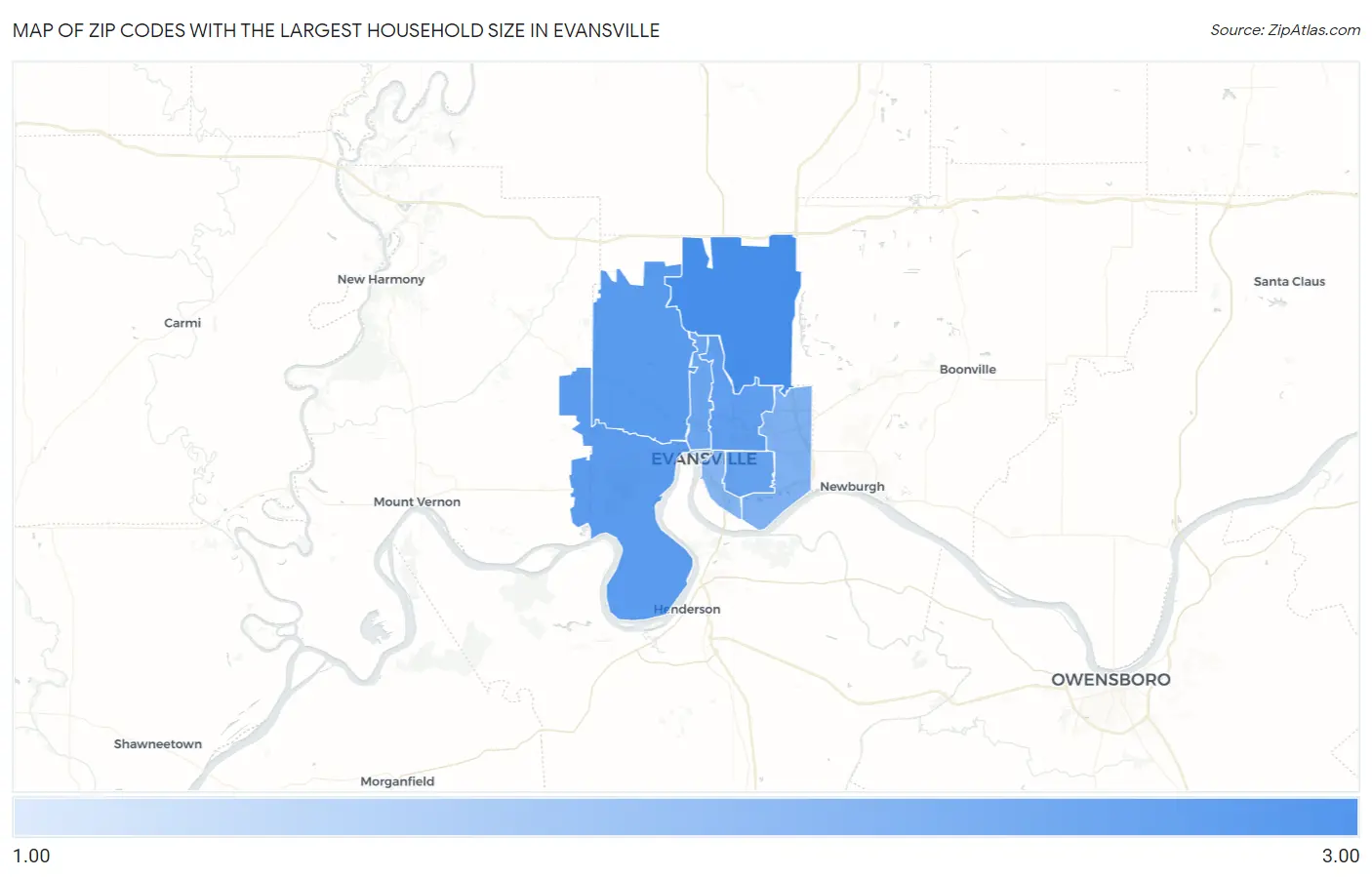 Zip Codes with the Largest Household Size in Evansville Map