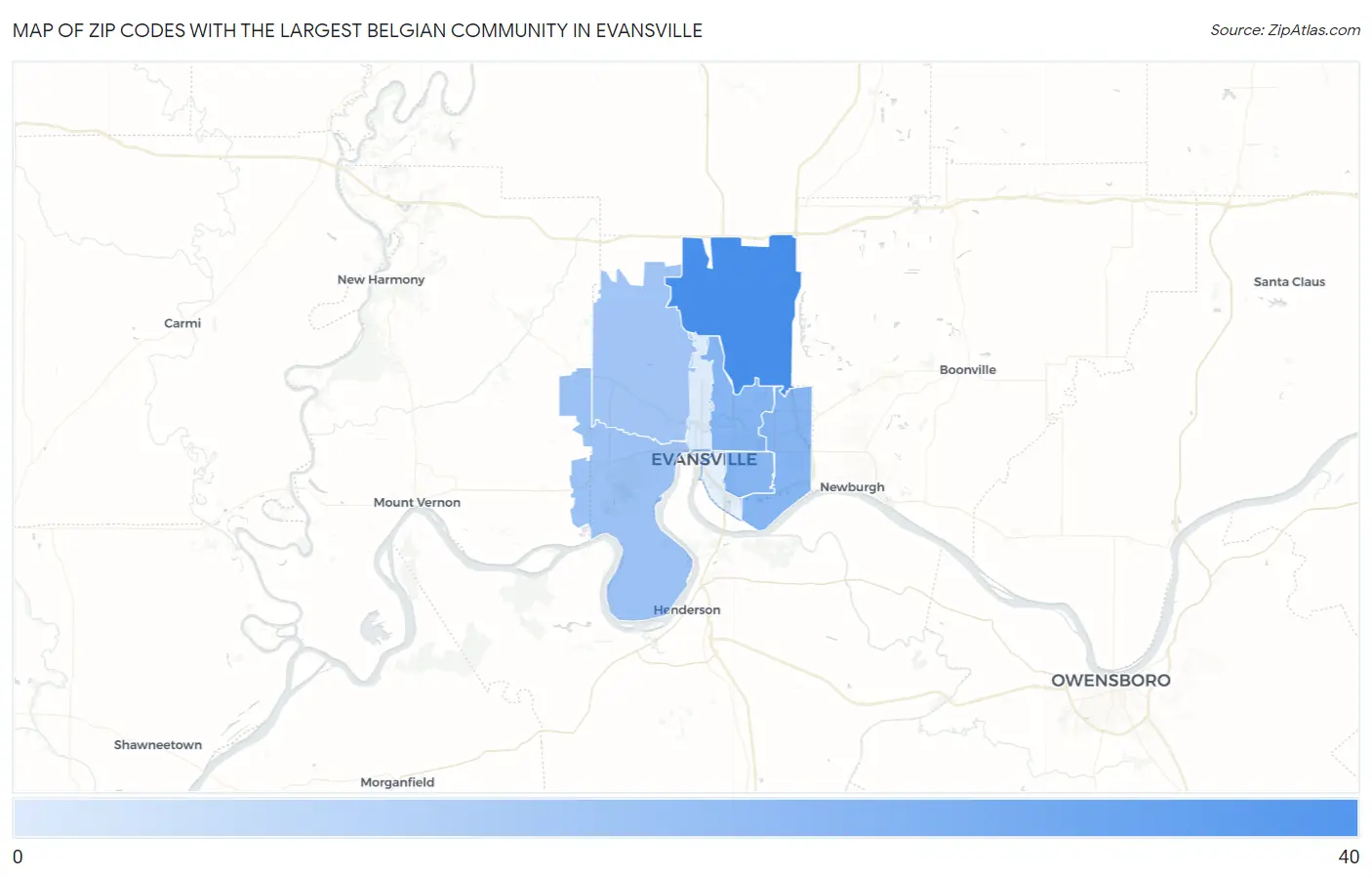 Zip Codes with the Largest Belgian Community in Evansville Map