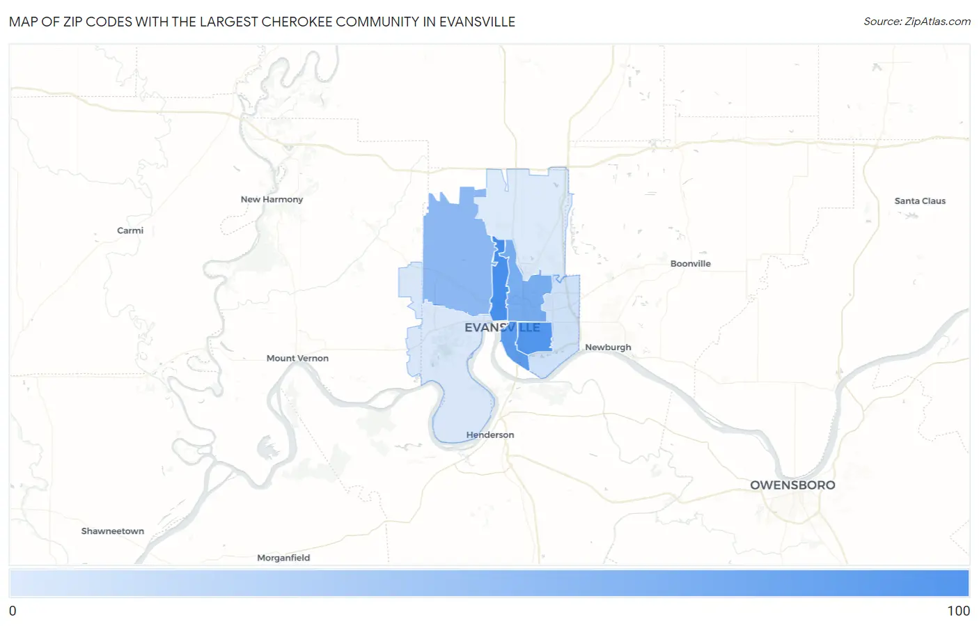 Zip Codes with the Largest Cherokee Community in Evansville Map