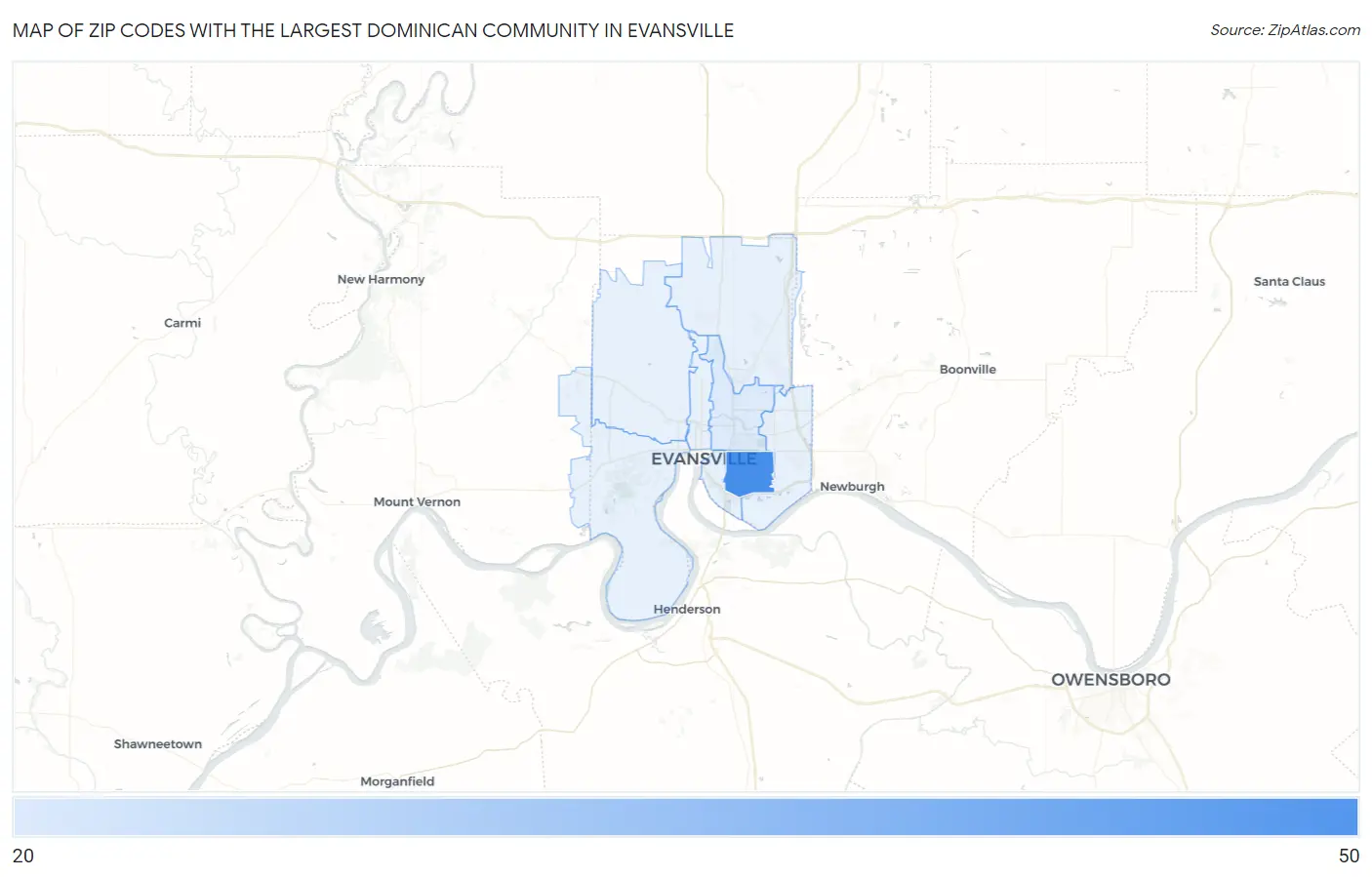 Zip Codes with the Largest Dominican Community in Evansville Map