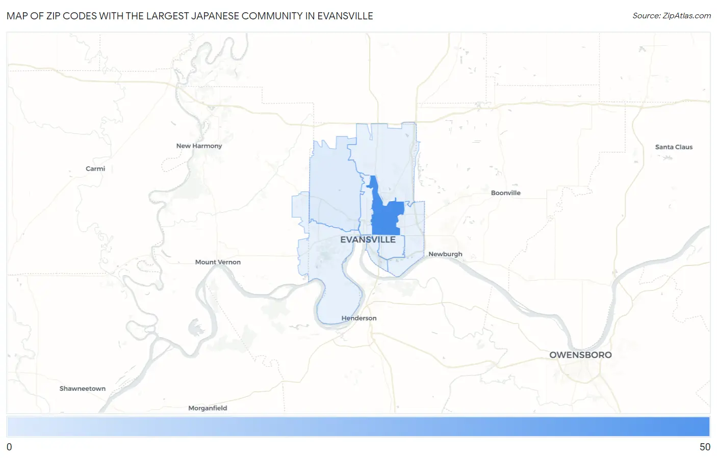 Zip Codes with the Largest Japanese Community in Evansville Map