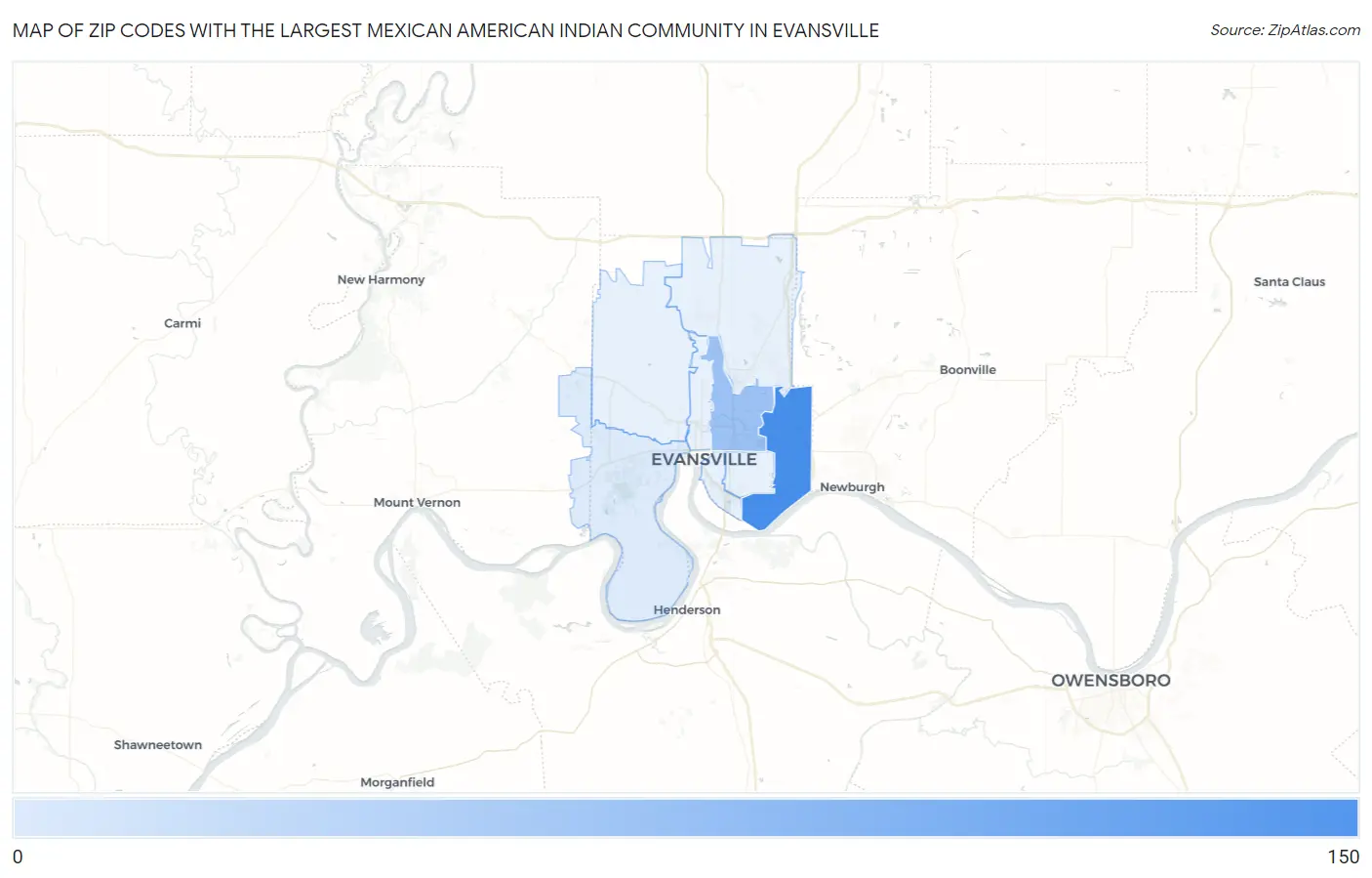 Zip Codes with the Largest Mexican American Indian Community in Evansville Map