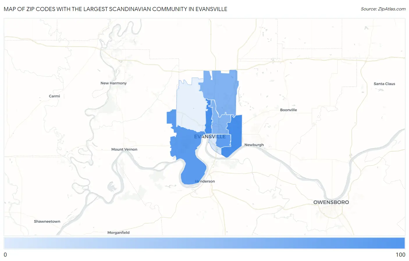 Zip Codes with the Largest Scandinavian Community in Evansville Map