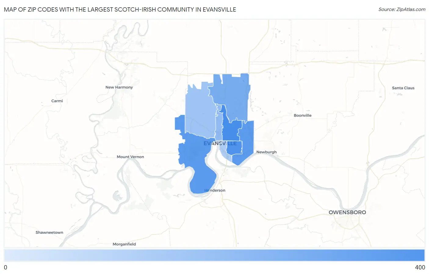 Zip Codes with the Largest Scotch-Irish Community in Evansville Map