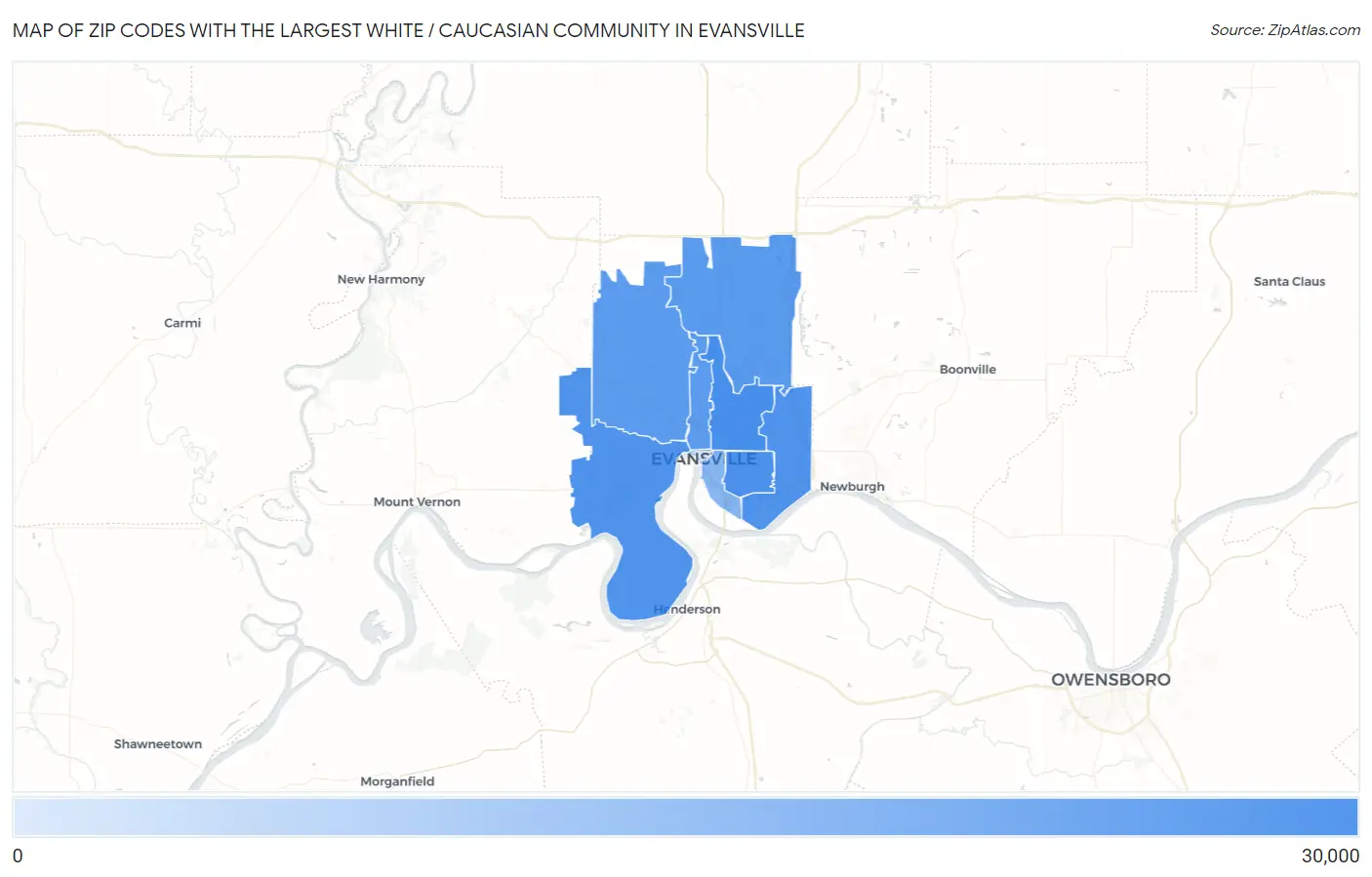 Zip Codes with the Largest White / Caucasian Community in Evansville Map