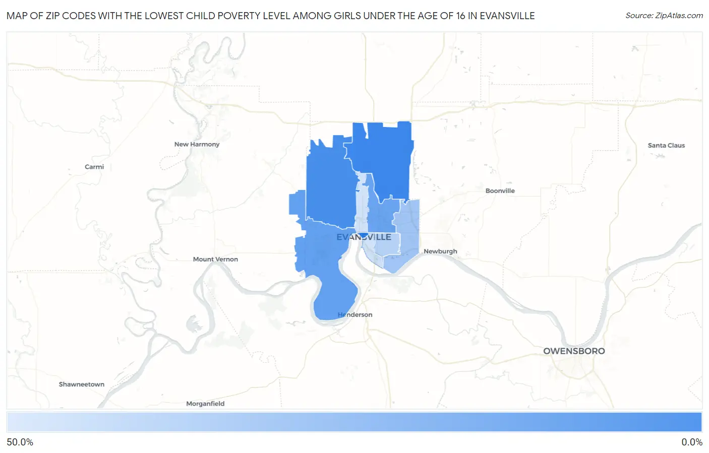 Zip Codes with the Lowest Child Poverty Level Among Girls Under the Age of 16 in Evansville Map