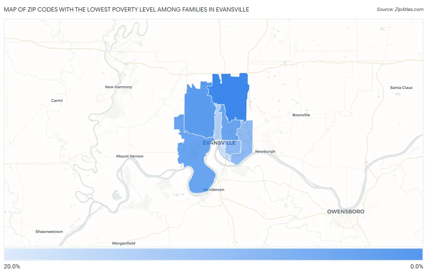 Zip Codes with the Lowest Poverty Level Among Families in Evansville Map