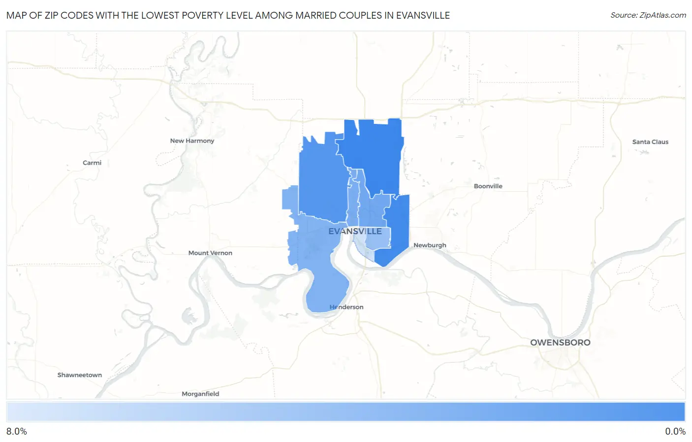 Zip Codes with the Lowest Poverty Level Among Married Couples in Evansville Map