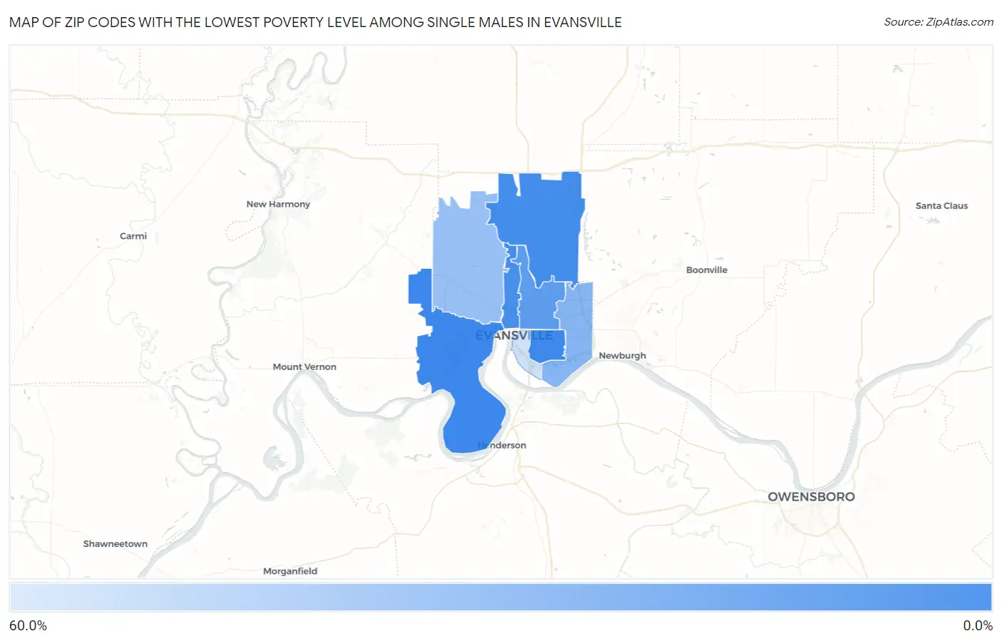 Zip Codes with the Lowest Poverty Level Among Single Males in Evansville Map