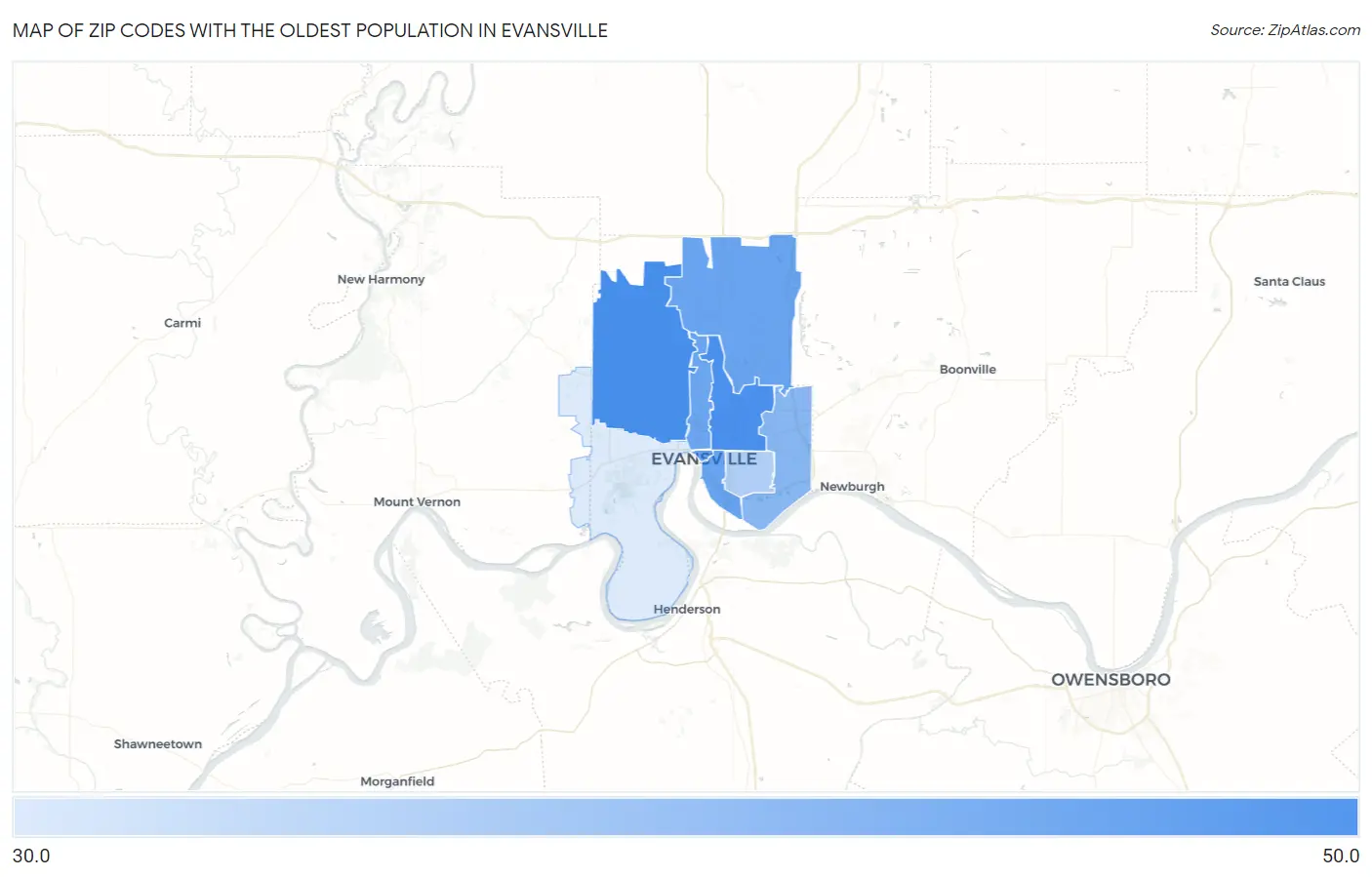 Zip Codes with the Oldest Population in Evansville Map