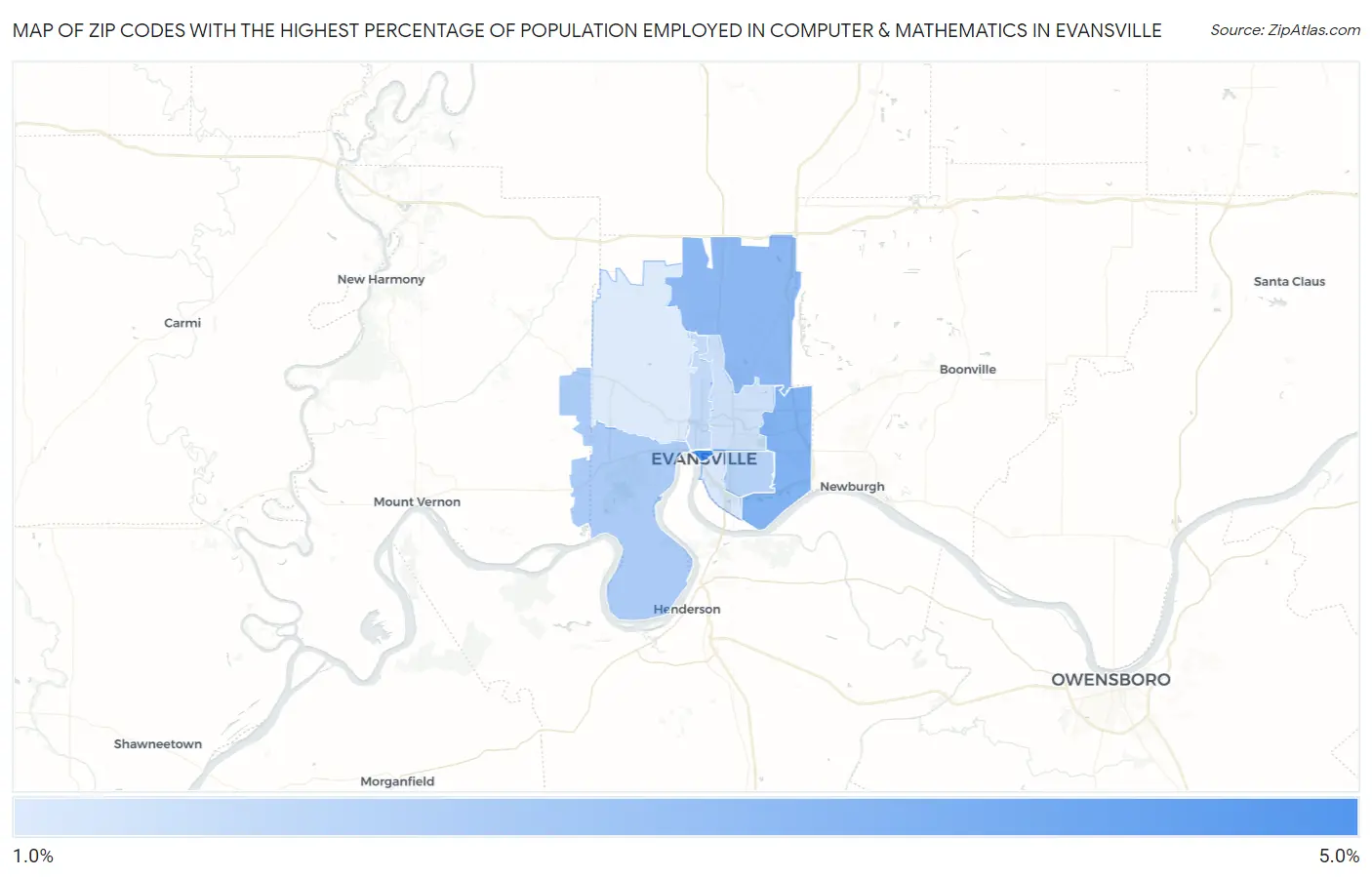 Zip Codes with the Highest Percentage of Population Employed in Computer & Mathematics in Evansville Map