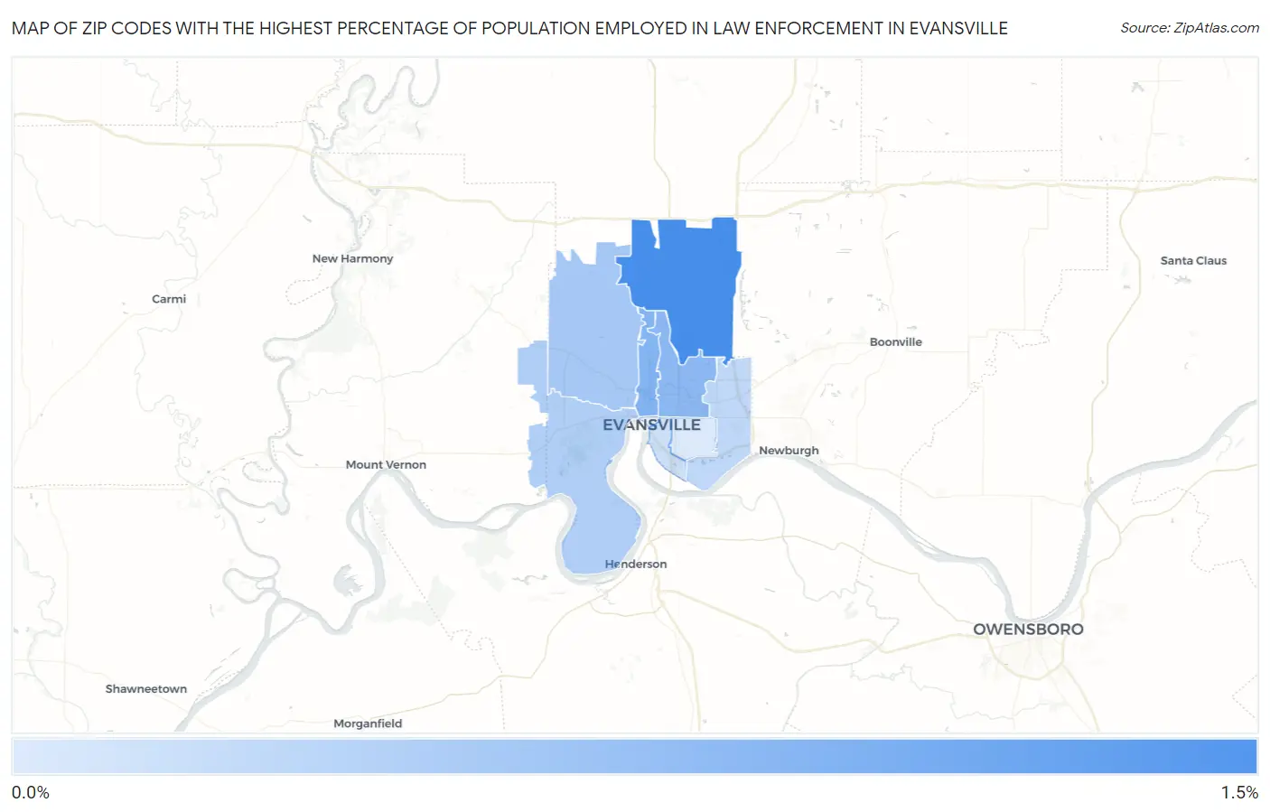 Zip Codes with the Highest Percentage of Population Employed in Law Enforcement in Evansville Map