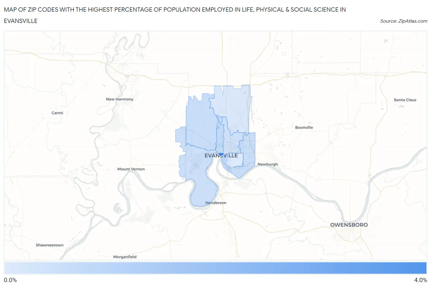Zip Codes with the Highest Percentage of Population Employed in Life, Physical & Social Science in Evansville Map