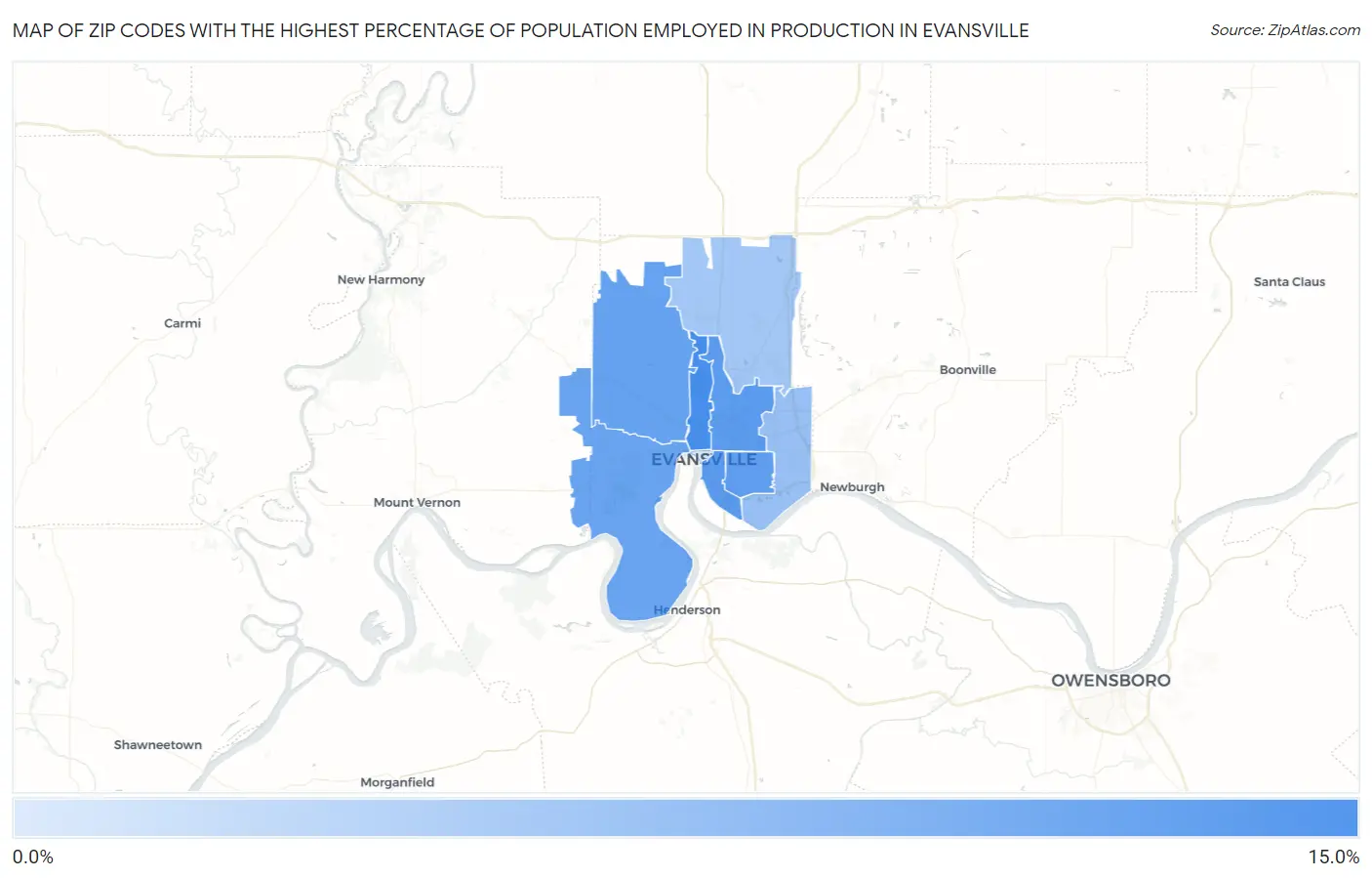 Zip Codes with the Highest Percentage of Population Employed in Production in Evansville Map