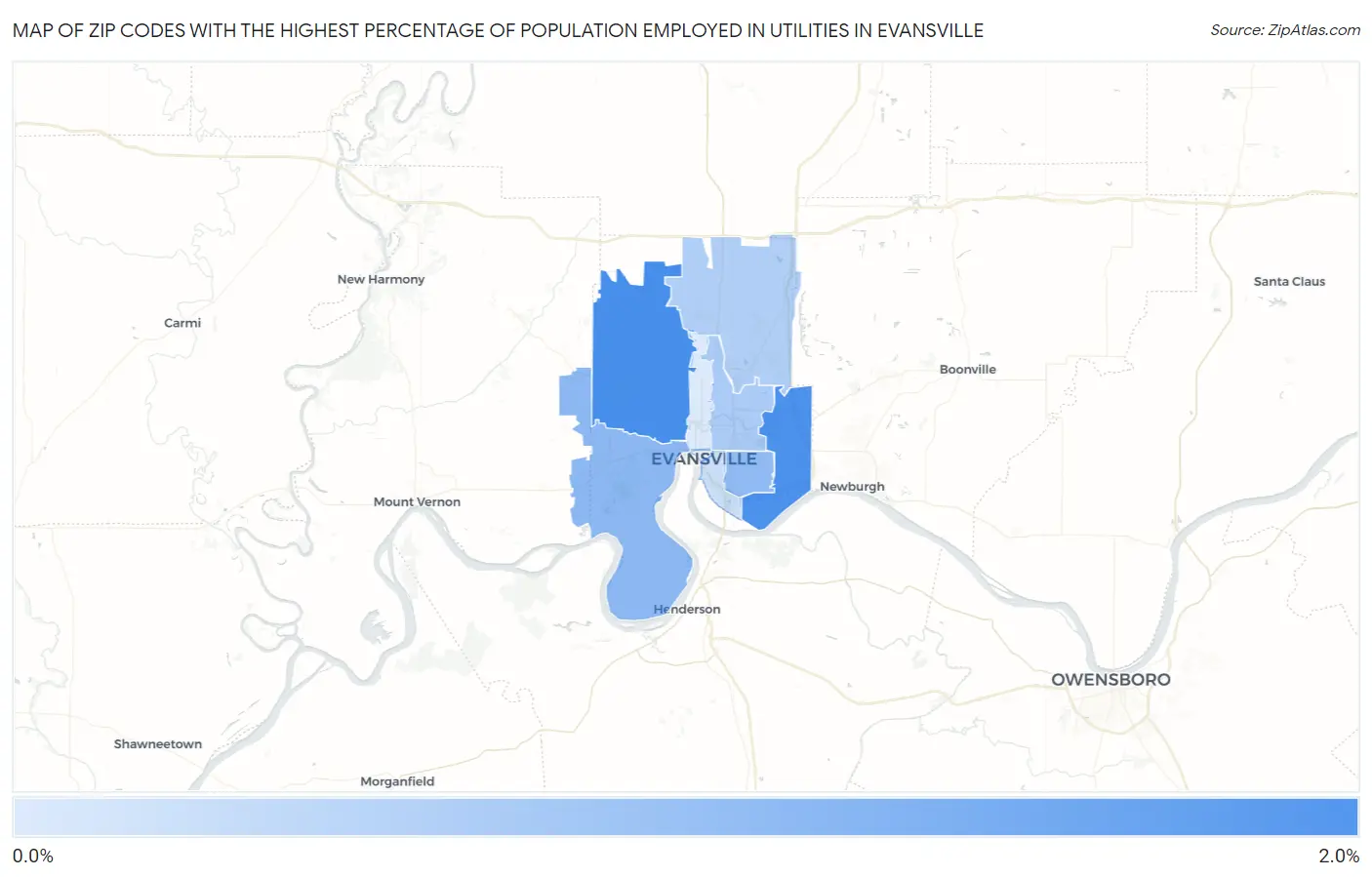 Zip Codes with the Highest Percentage of Population Employed in Utilities in Evansville Map