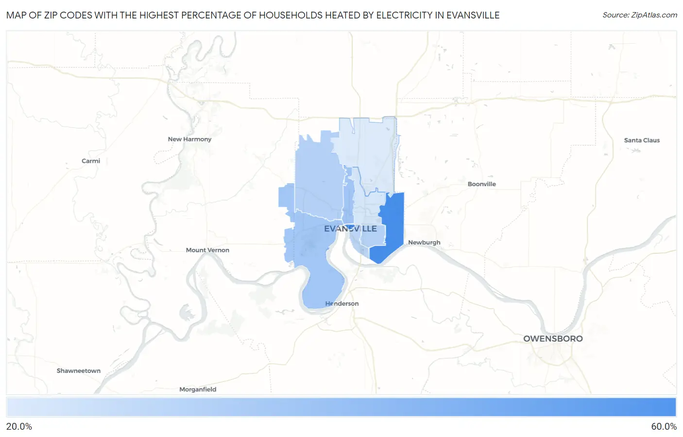 Zip Codes with the Highest Percentage of Households Heated by Electricity in Evansville Map