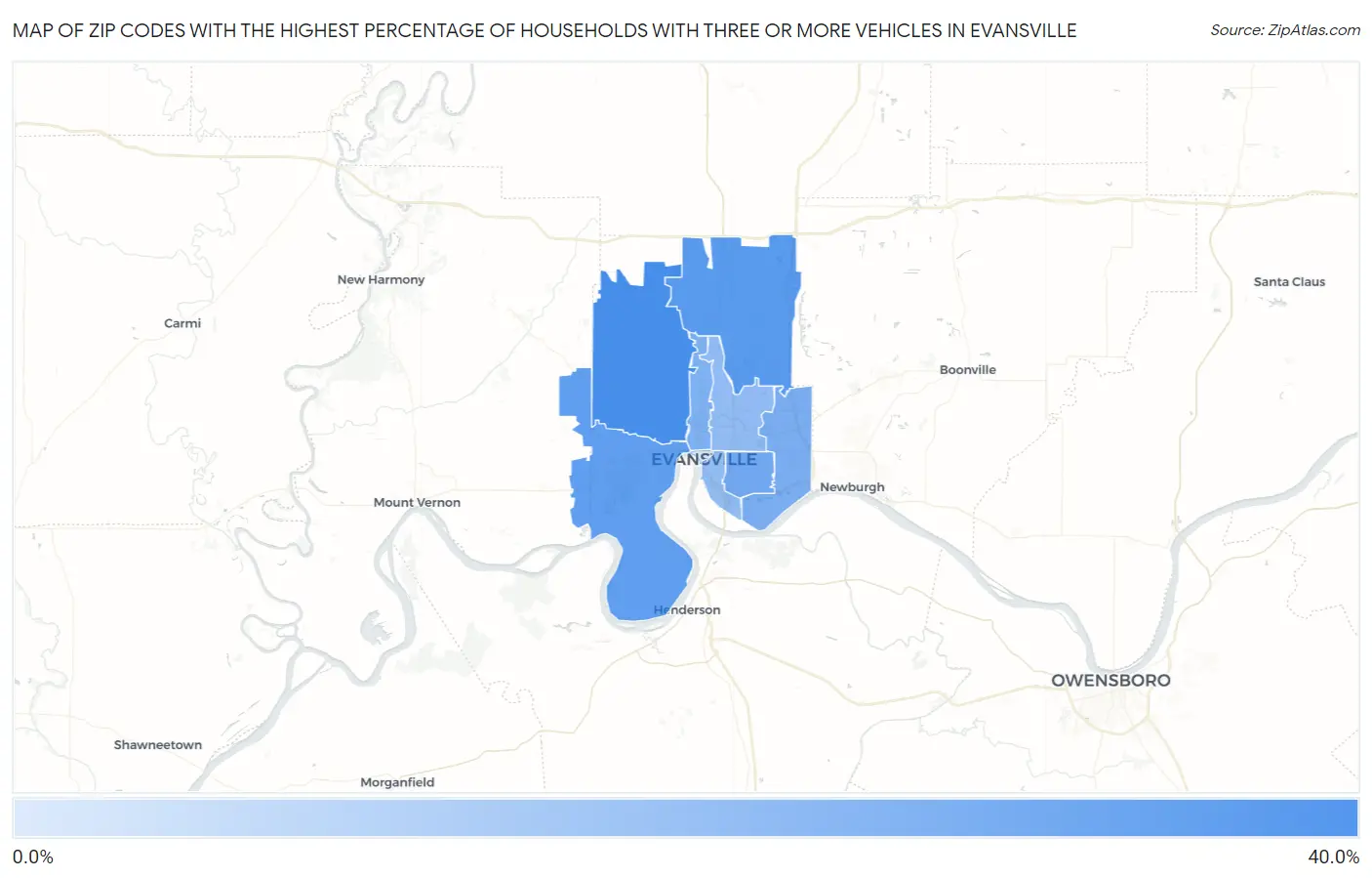 Zip Codes with the Highest Percentage of Households With Three or more Vehicles in Evansville Map