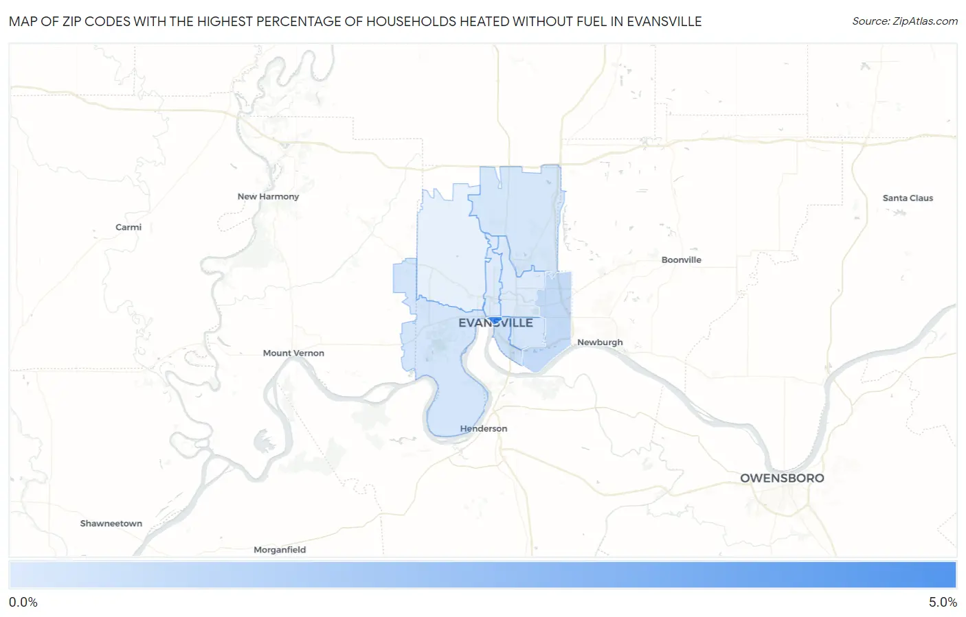Zip Codes with the Highest Percentage of Households Heated without Fuel in Evansville Map