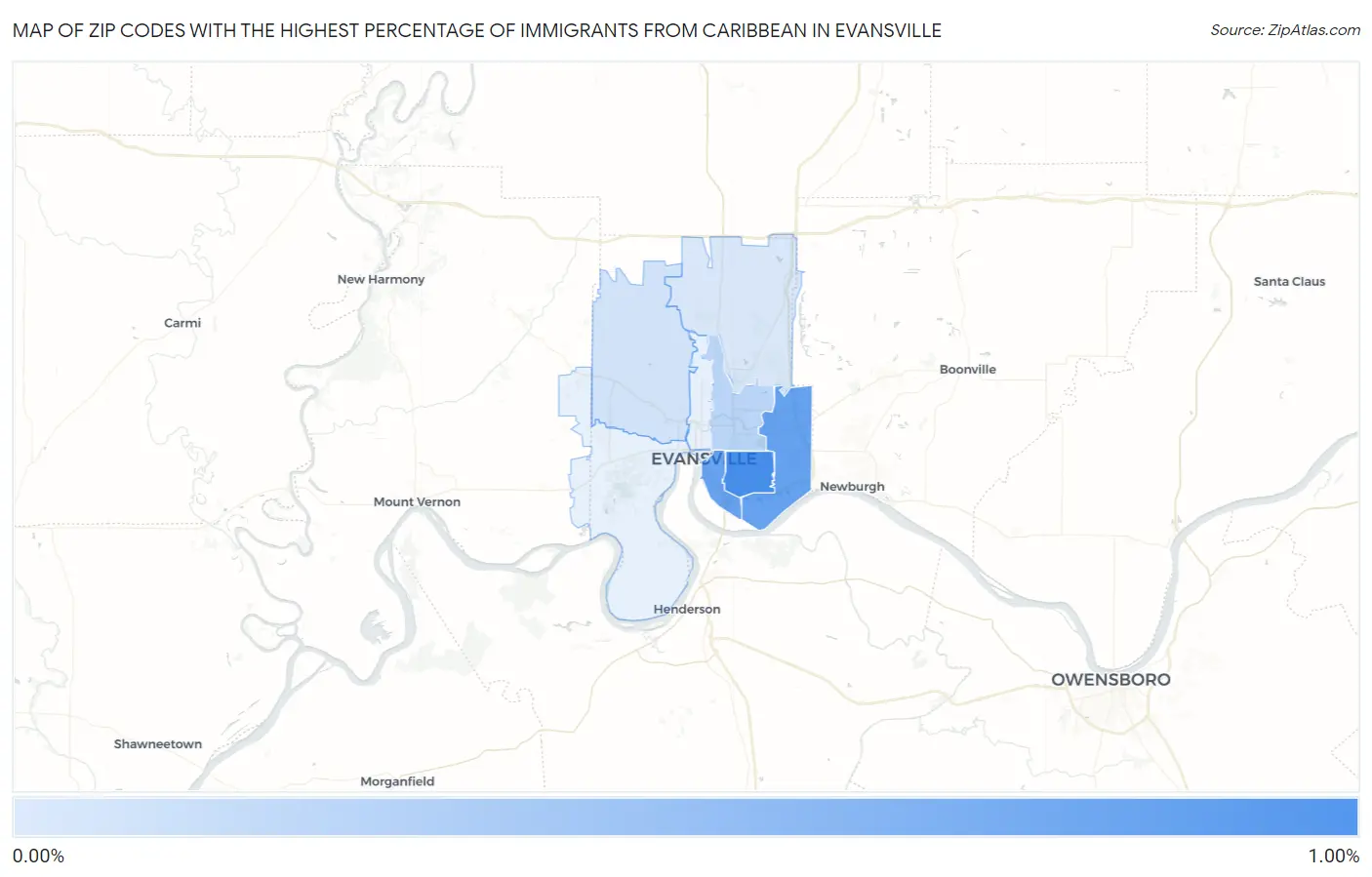Zip Codes with the Highest Percentage of Immigrants from Caribbean in Evansville Map
