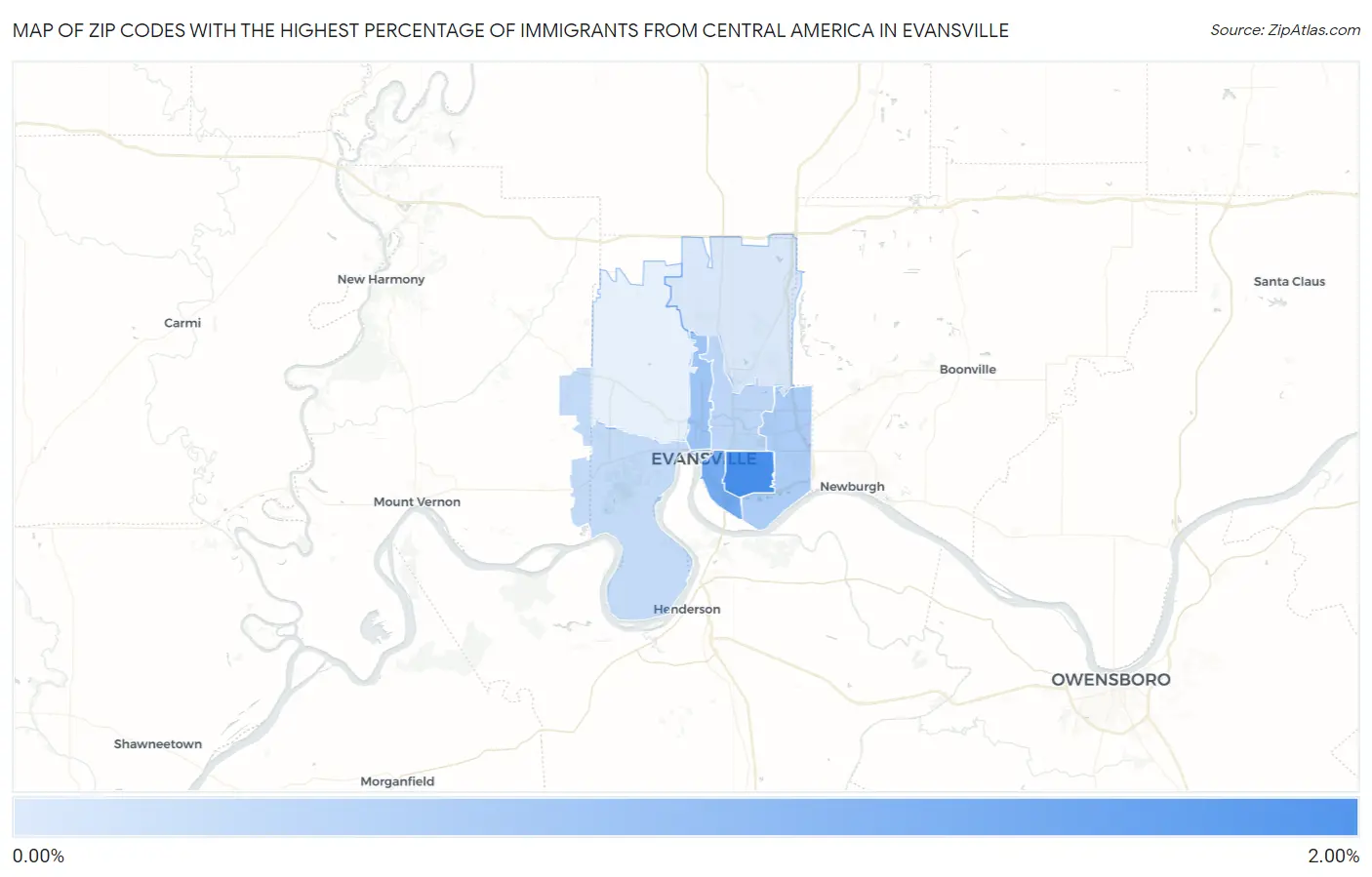 Zip Codes with the Highest Percentage of Immigrants from Central America in Evansville Map