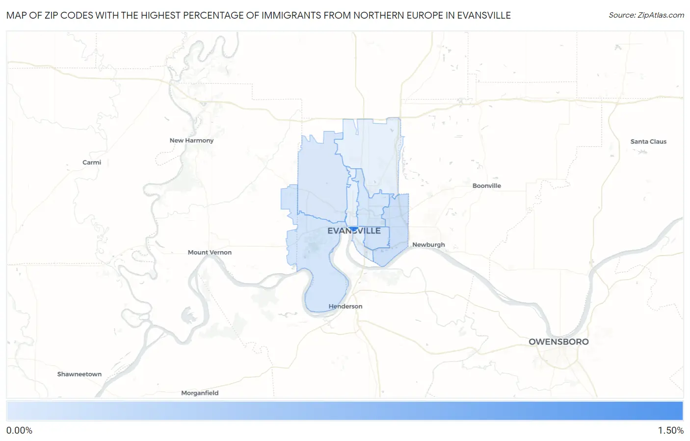 Zip Codes with the Highest Percentage of Immigrants from Northern Europe in Evansville Map