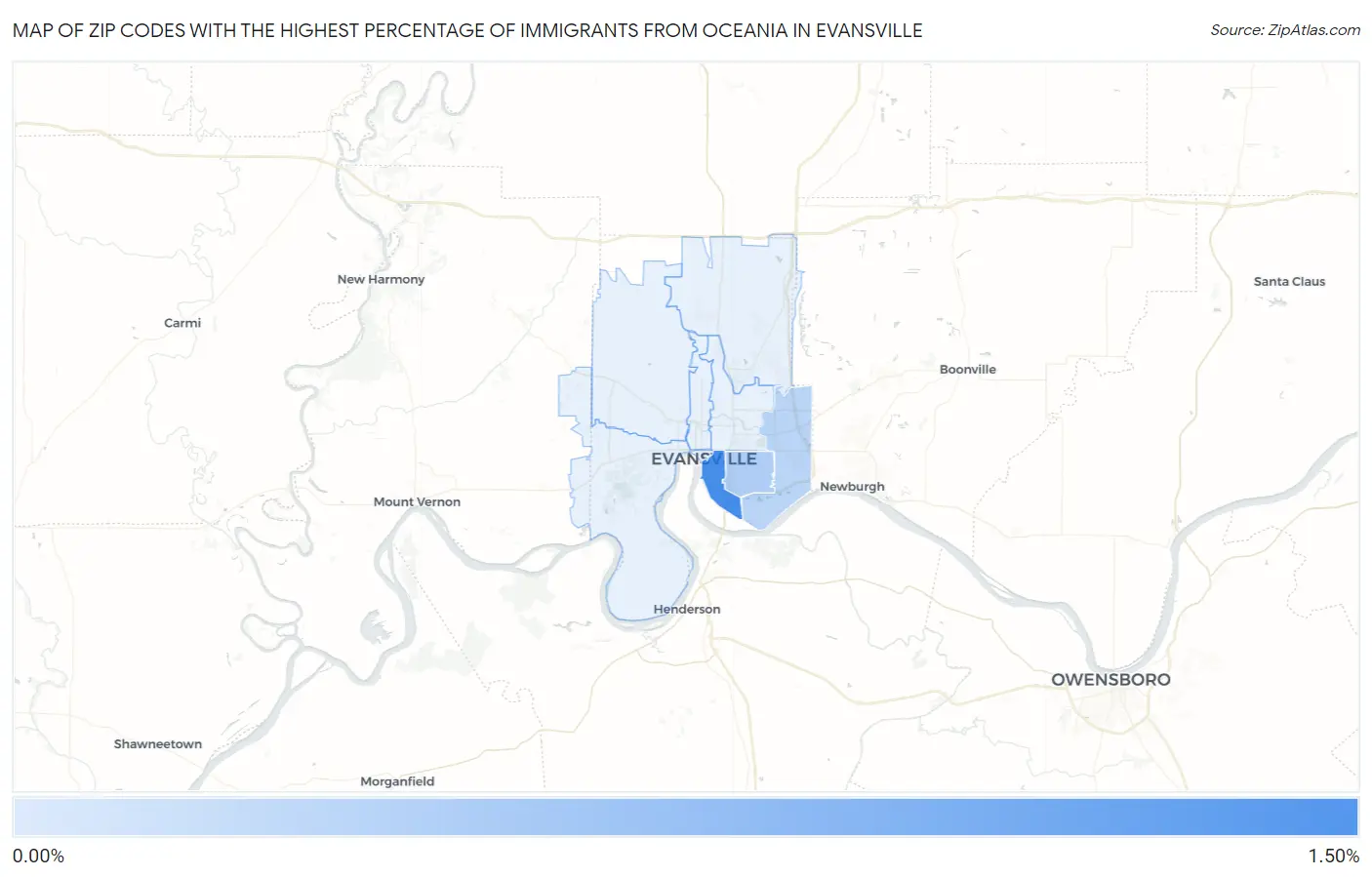 Zip Codes with the Highest Percentage of Immigrants from Oceania in Evansville Map