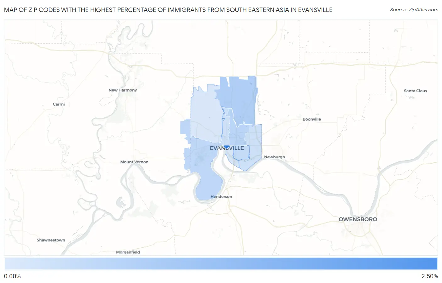 Zip Codes with the Highest Percentage of Immigrants from South Eastern Asia in Evansville Map