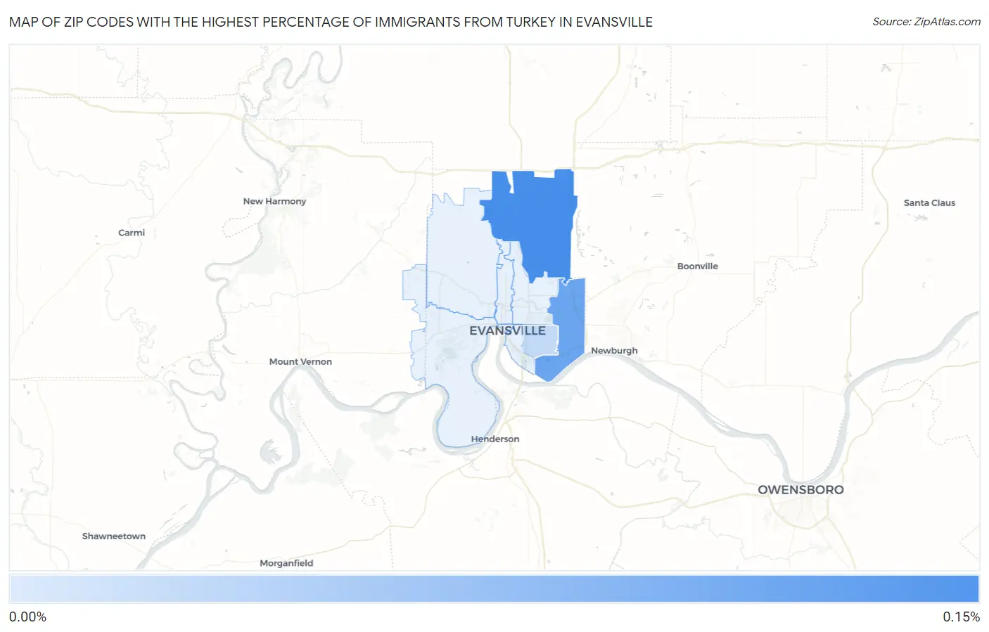 Zip Codes with the Highest Percentage of Immigrants from Turkey in Evansville Map