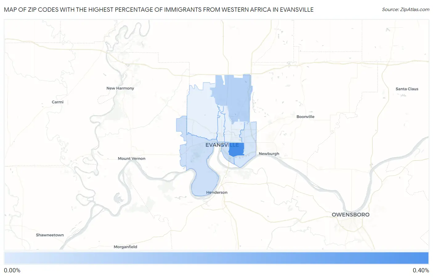 Zip Codes with the Highest Percentage of Immigrants from Western Africa in Evansville Map