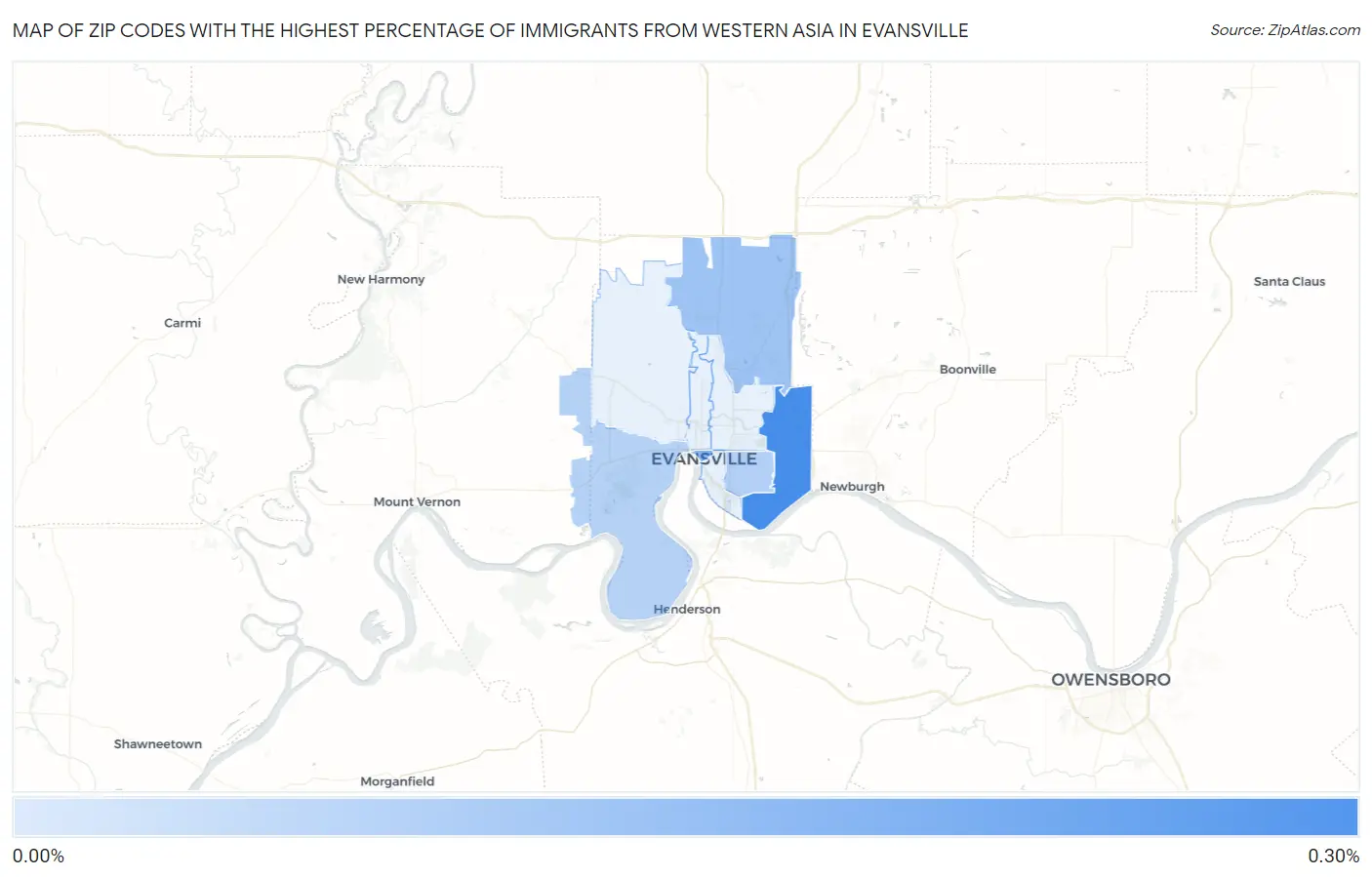 Zip Codes with the Highest Percentage of Immigrants from Western Asia in Evansville Map