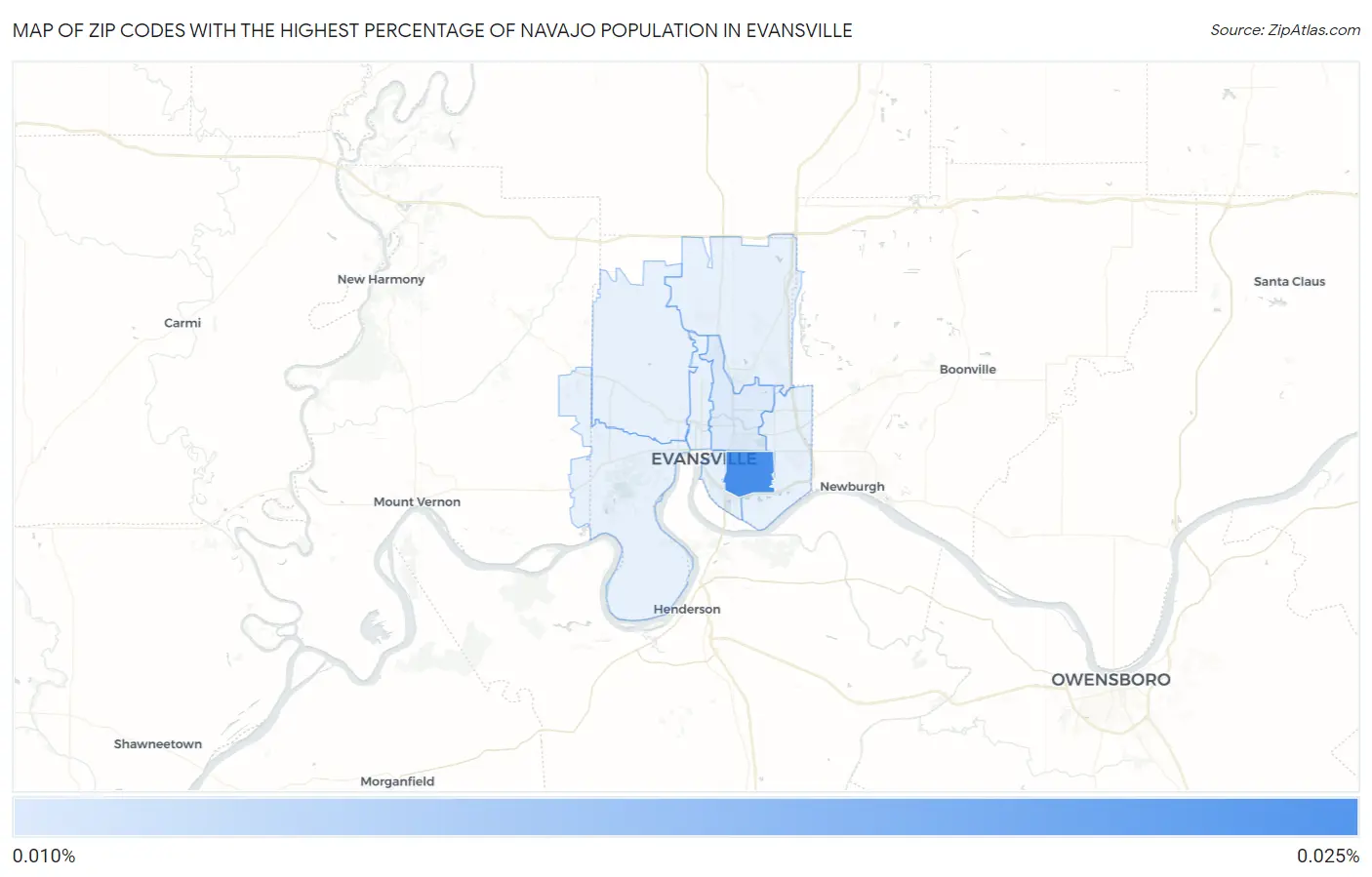 Zip Codes with the Highest Percentage of Navajo Population in Evansville Map